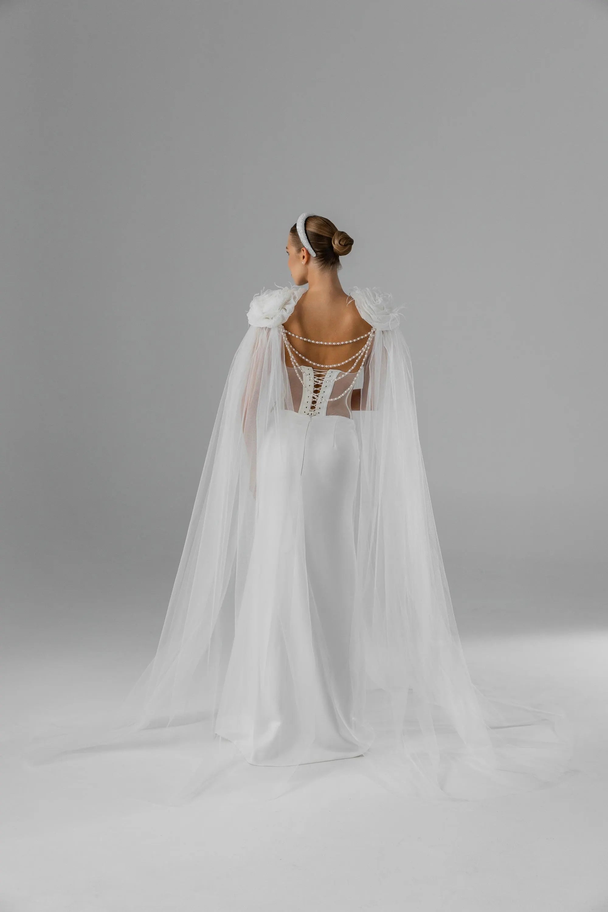 Ivory Floor-Length Bridal Cape with Floral Appliqués, Pearls and Feathers