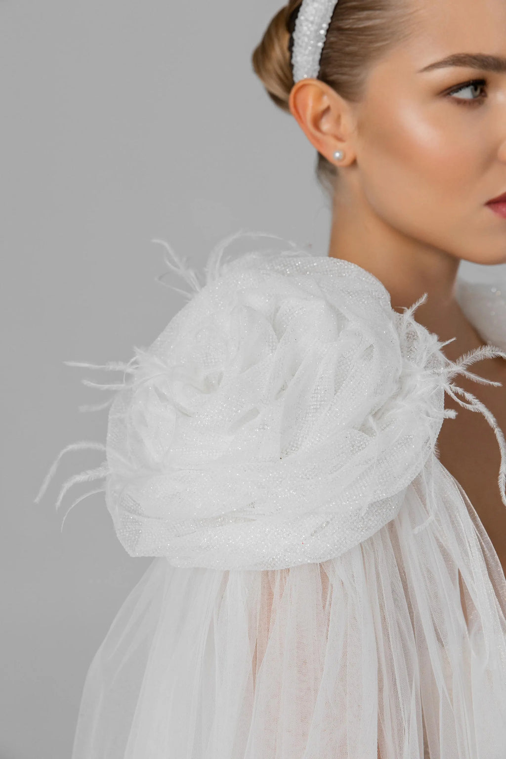 Ivory Floor-Length Bridal Cape with Floral Appliqués, Pearls and Feathers