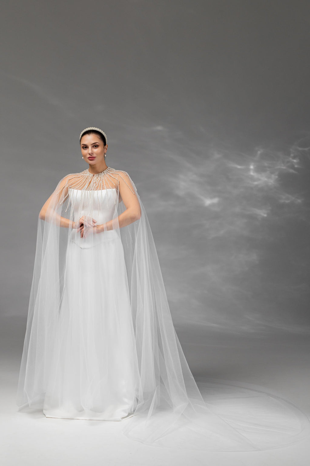 Ivory Chapel-Length Bridal Cape with Pearls
