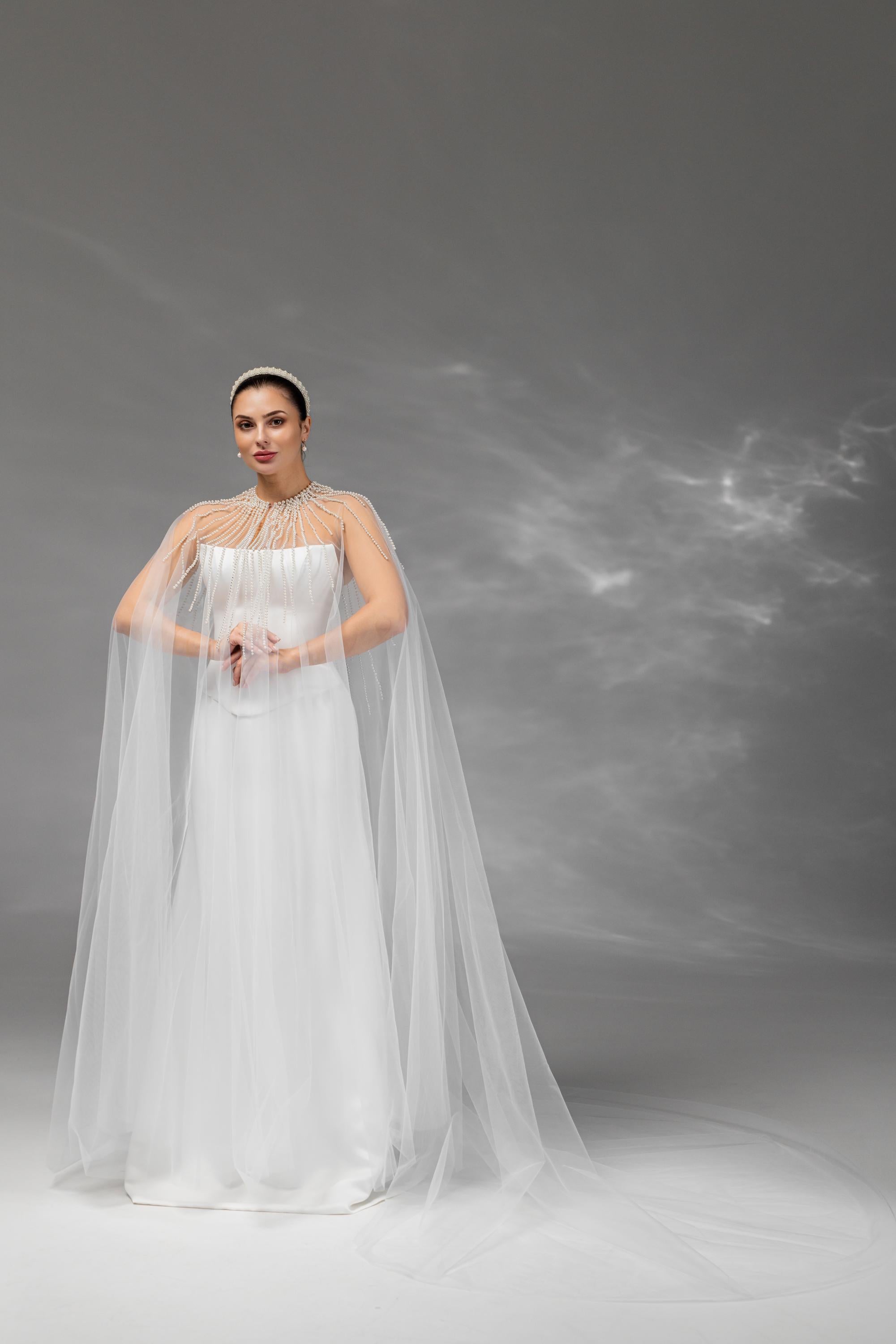 Ivory Chapel-Length Bridal Cape with Pearls