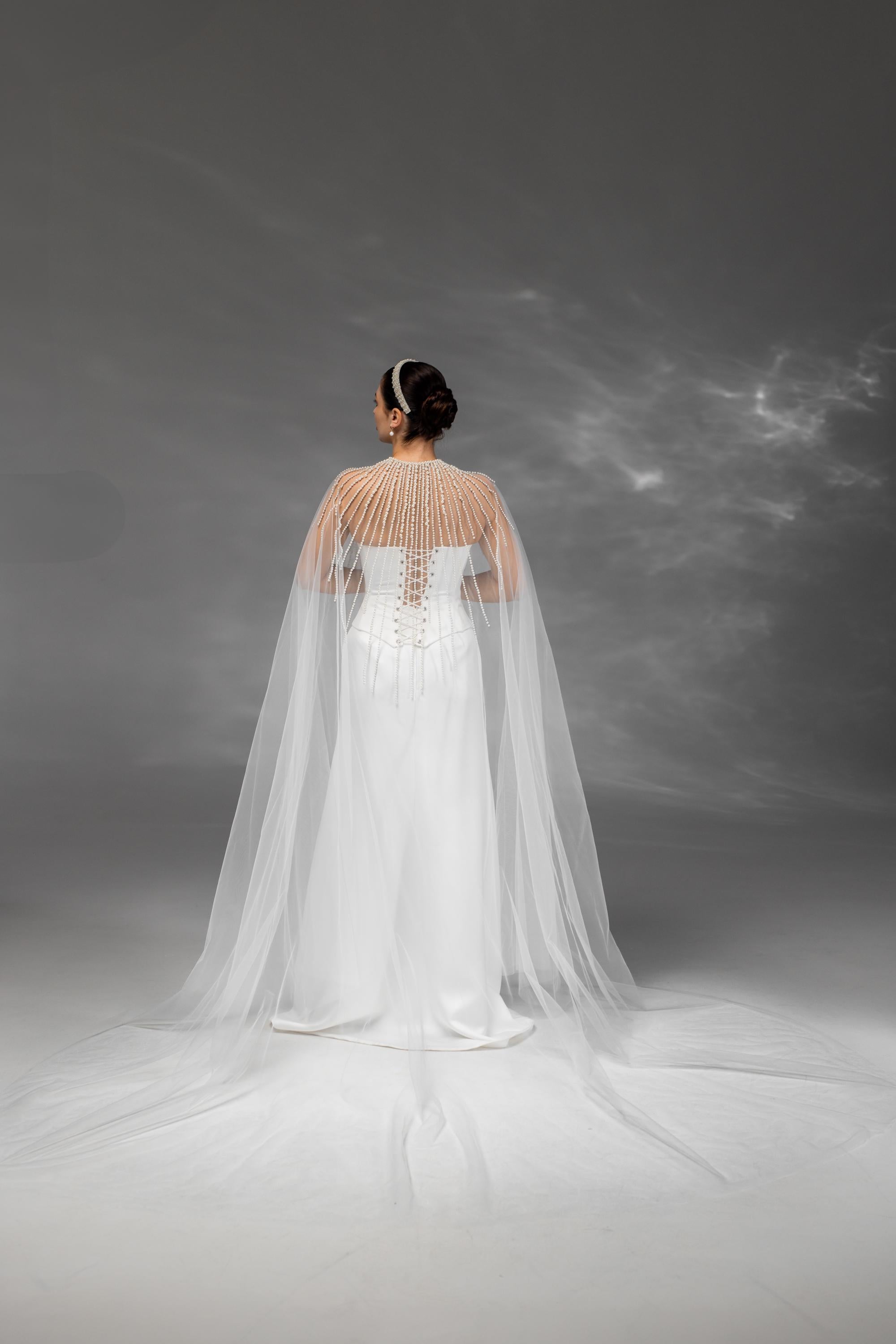Ivory Chapel-Length Bridal Cape with Pearls
