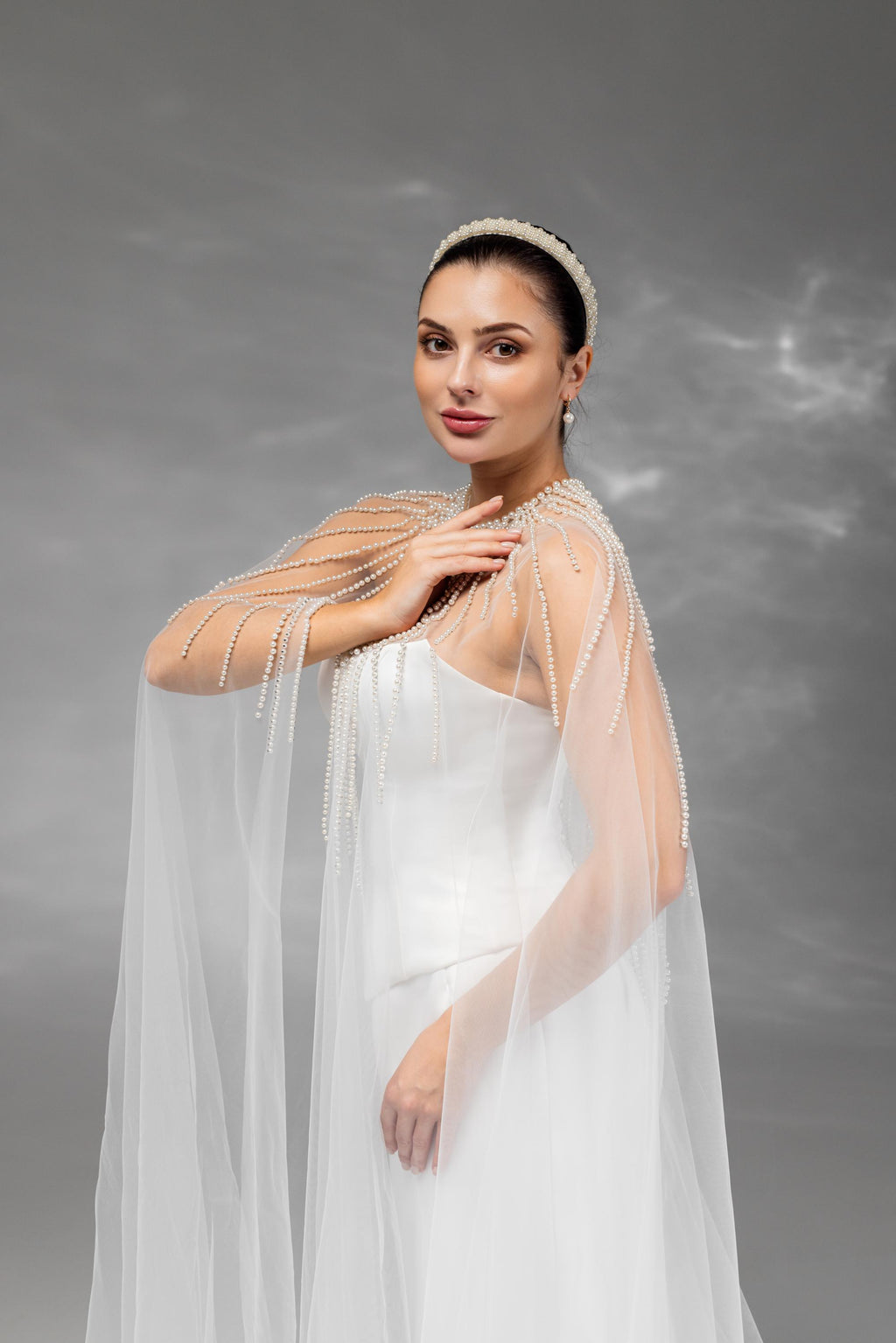 Ivory Chapel-Length Bridal Cape with Pearls