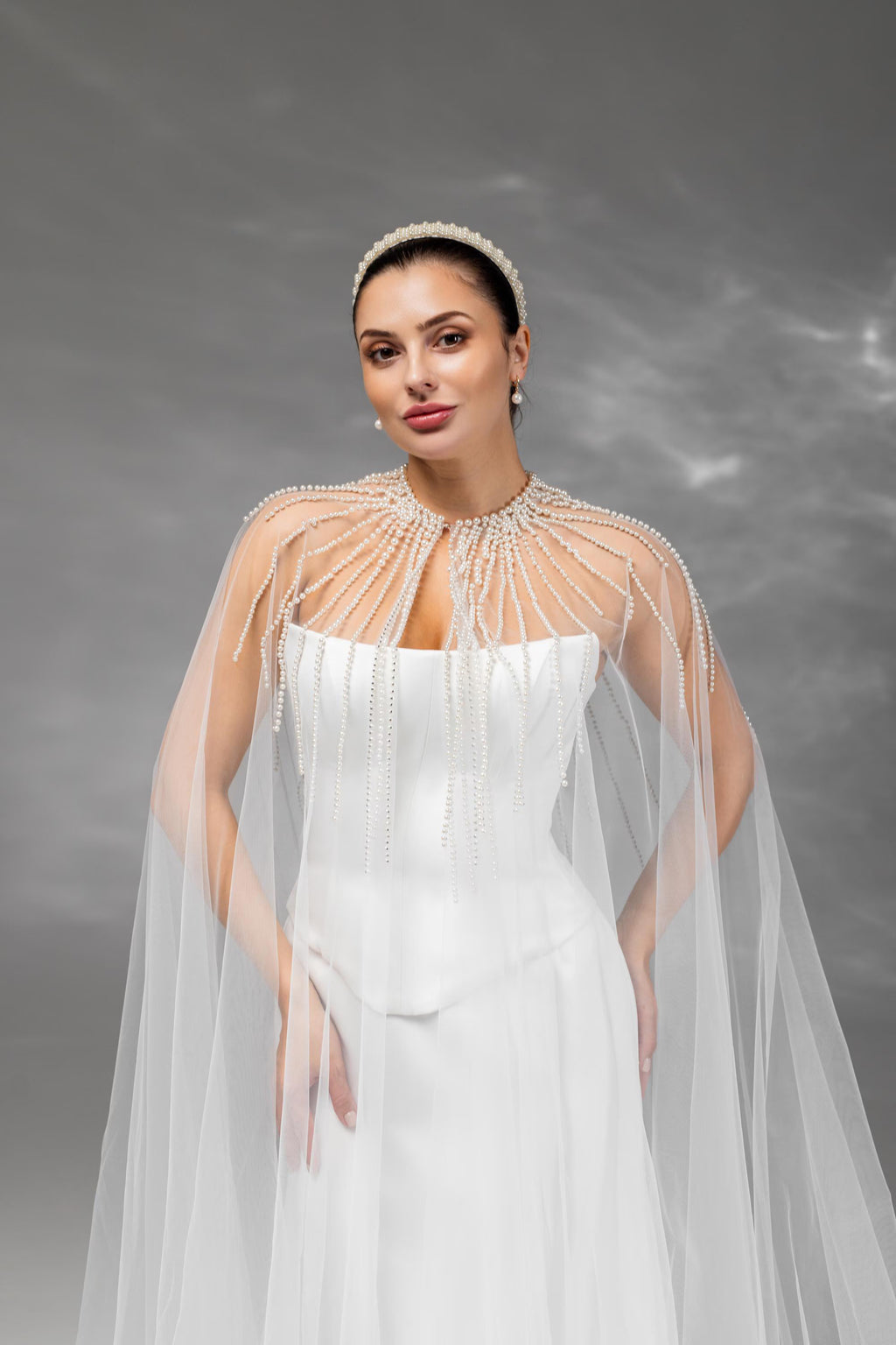 Ivory Chapel-Length Bridal Cape with Pearls