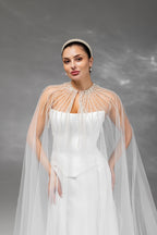 Ivory Chapel-Length Bridal Cape with Pearls