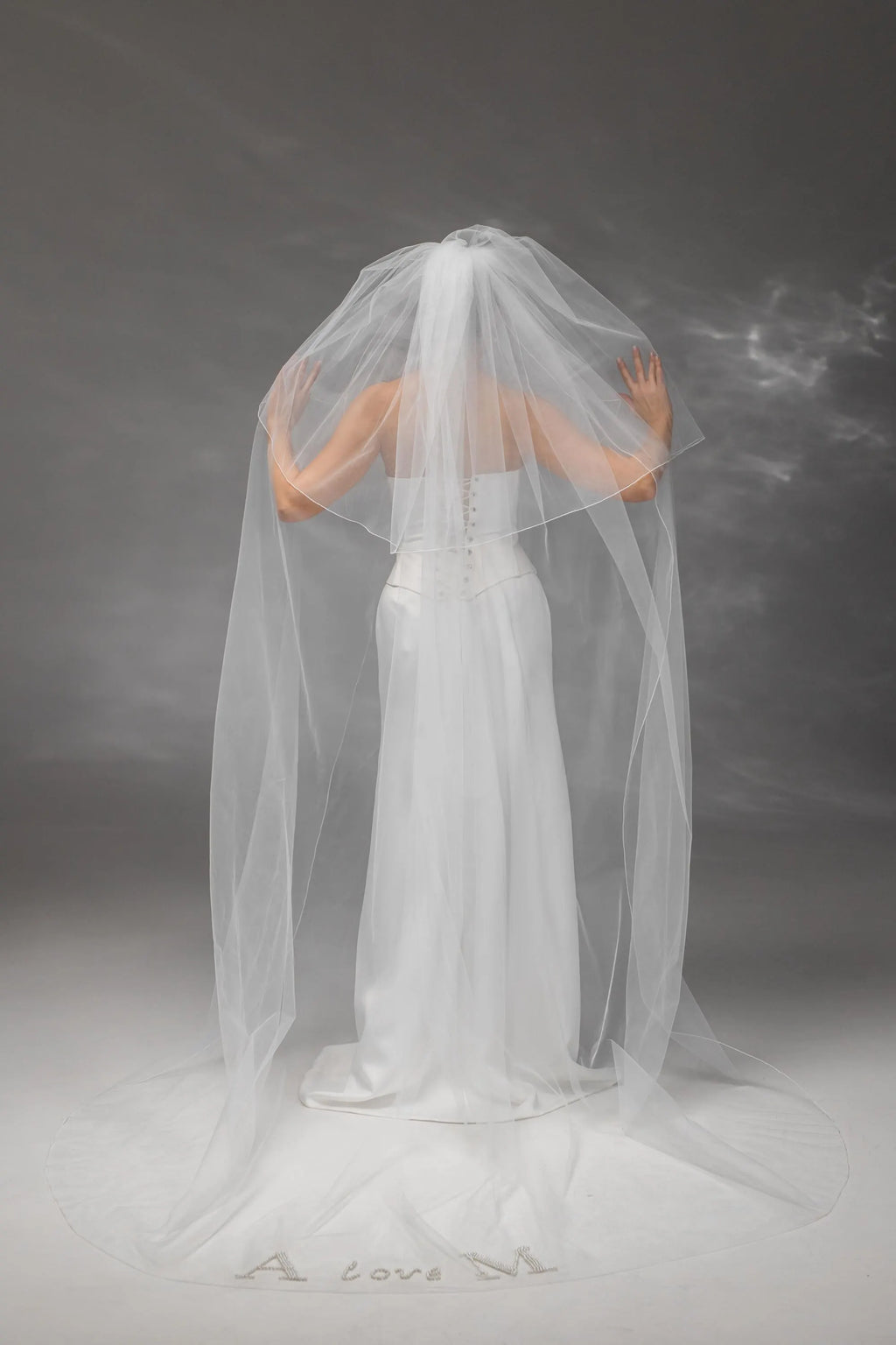 Personalized Ivory Chapel-Length Bridal Veil with Hand Embroidery
