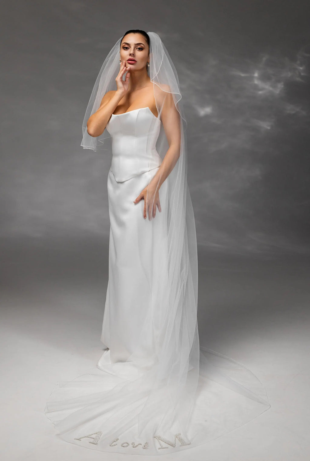 Personalized Ivory Chapel-Length Bridal Veil with Hand Embroidery