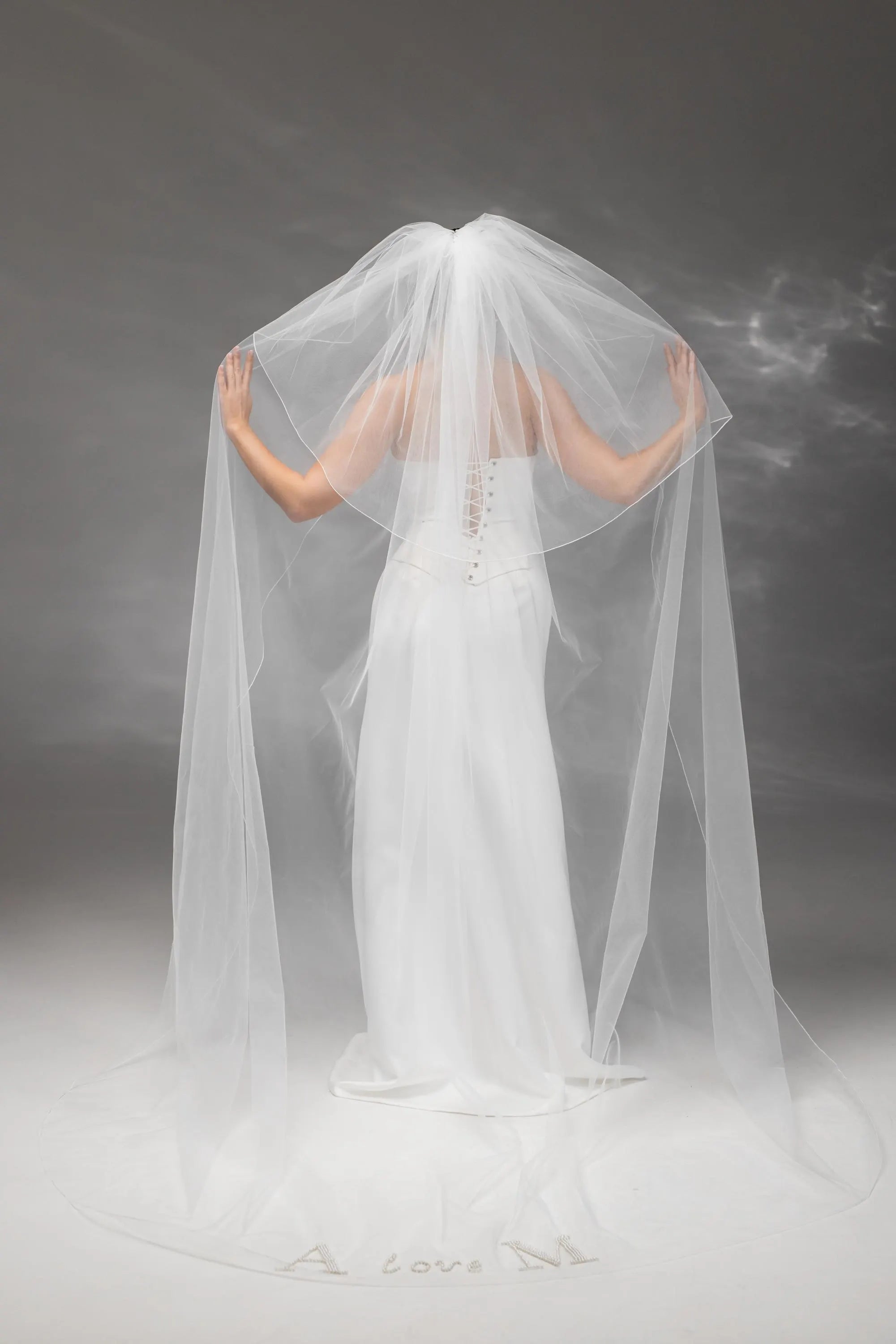 Personalized Ivory Chapel-Length Bridal Veil with Hand Embroidery