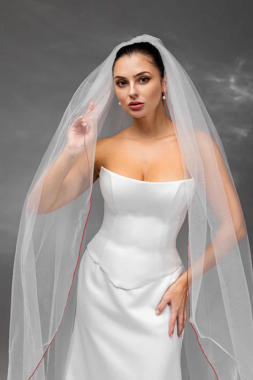 Ivory Waltz-Length Bridal Veil with Red Pencil Edge Trim