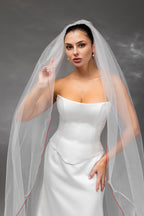 Ivory Waltz-Length Bridal Veil with Red Pencil Edge Trim
