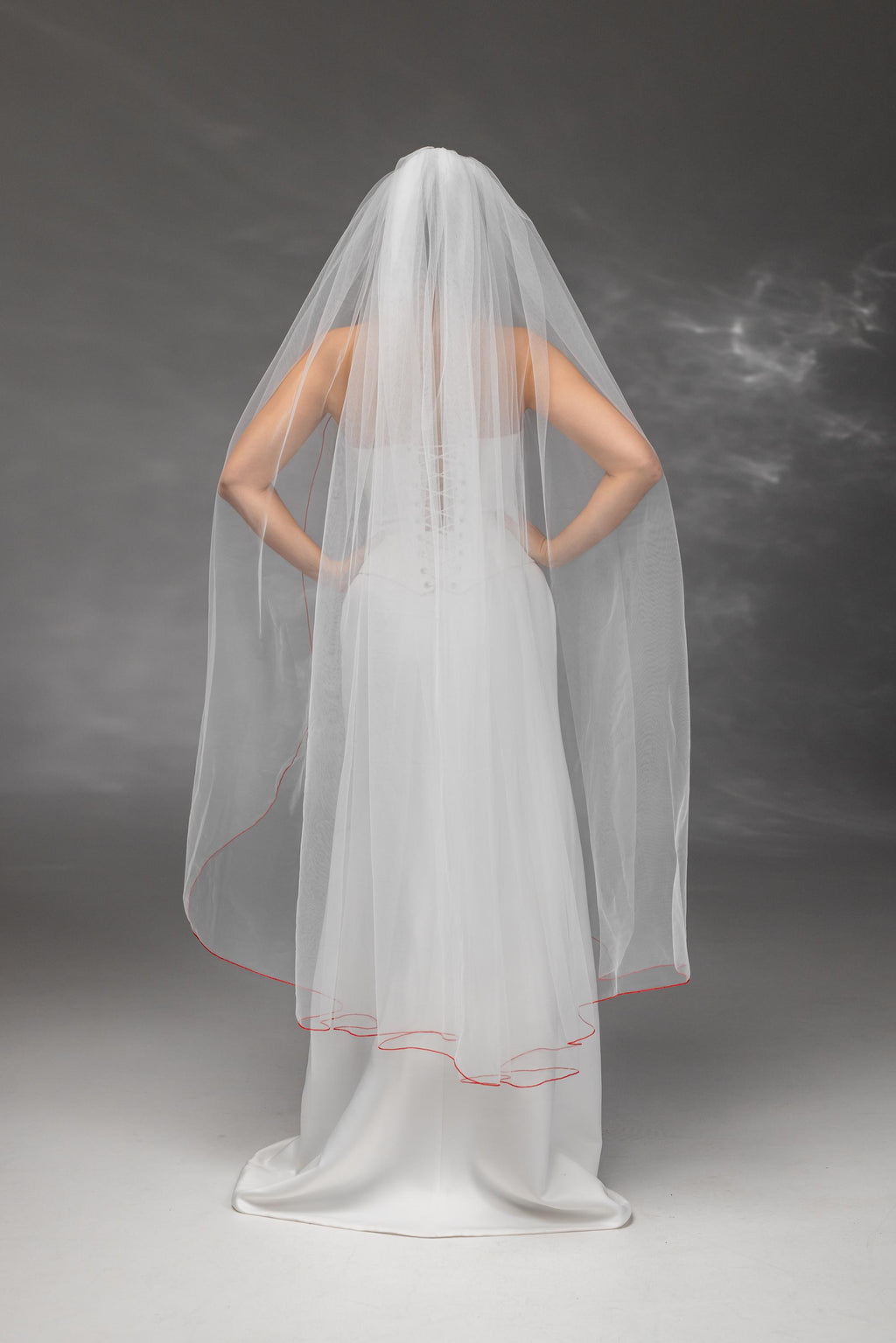 Ivory Waltz-Length Bridal Veil with Red Pencil Edge Trim