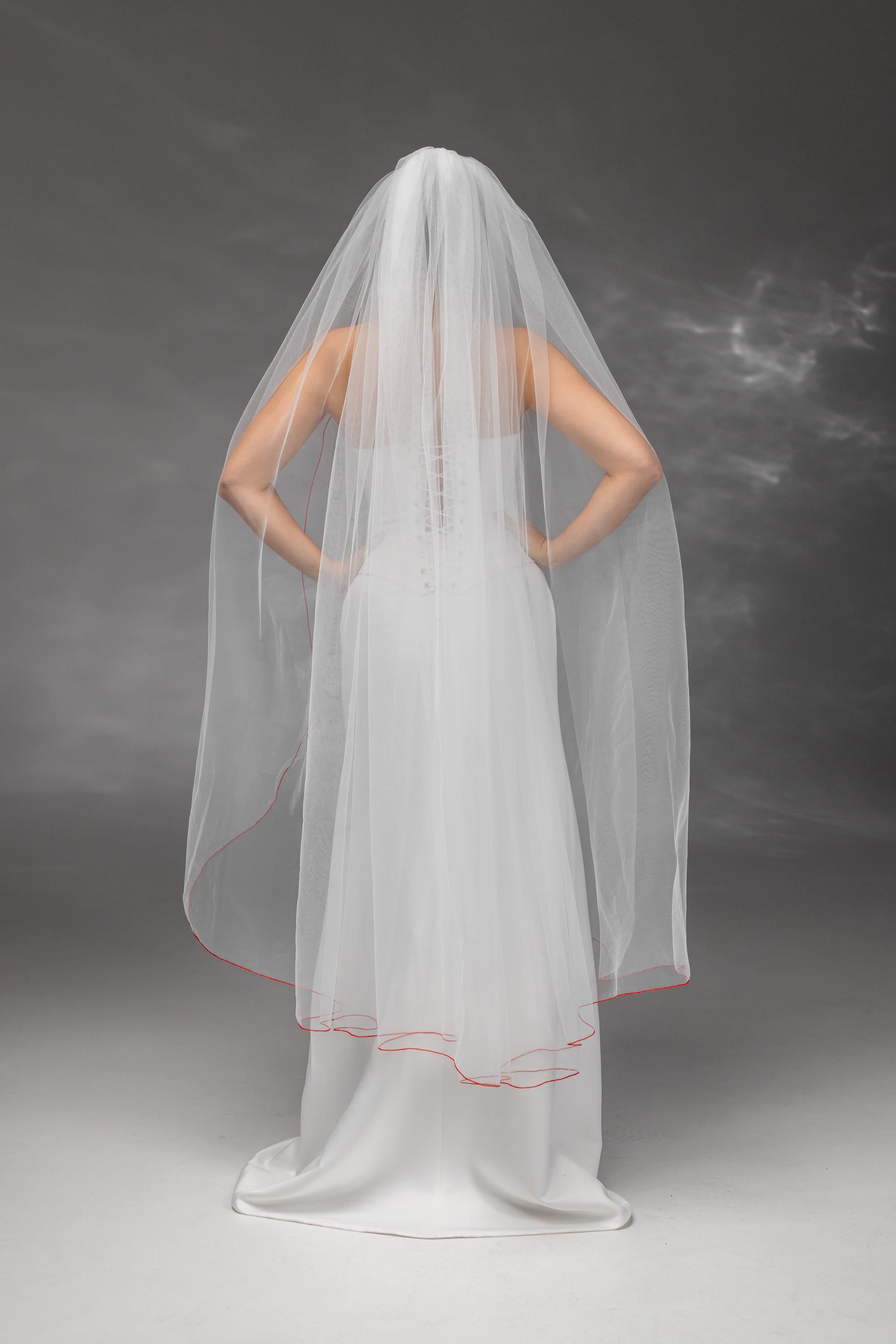 Ivory Waltz-Length Bridal Veil with Red Pencil Edge Trim