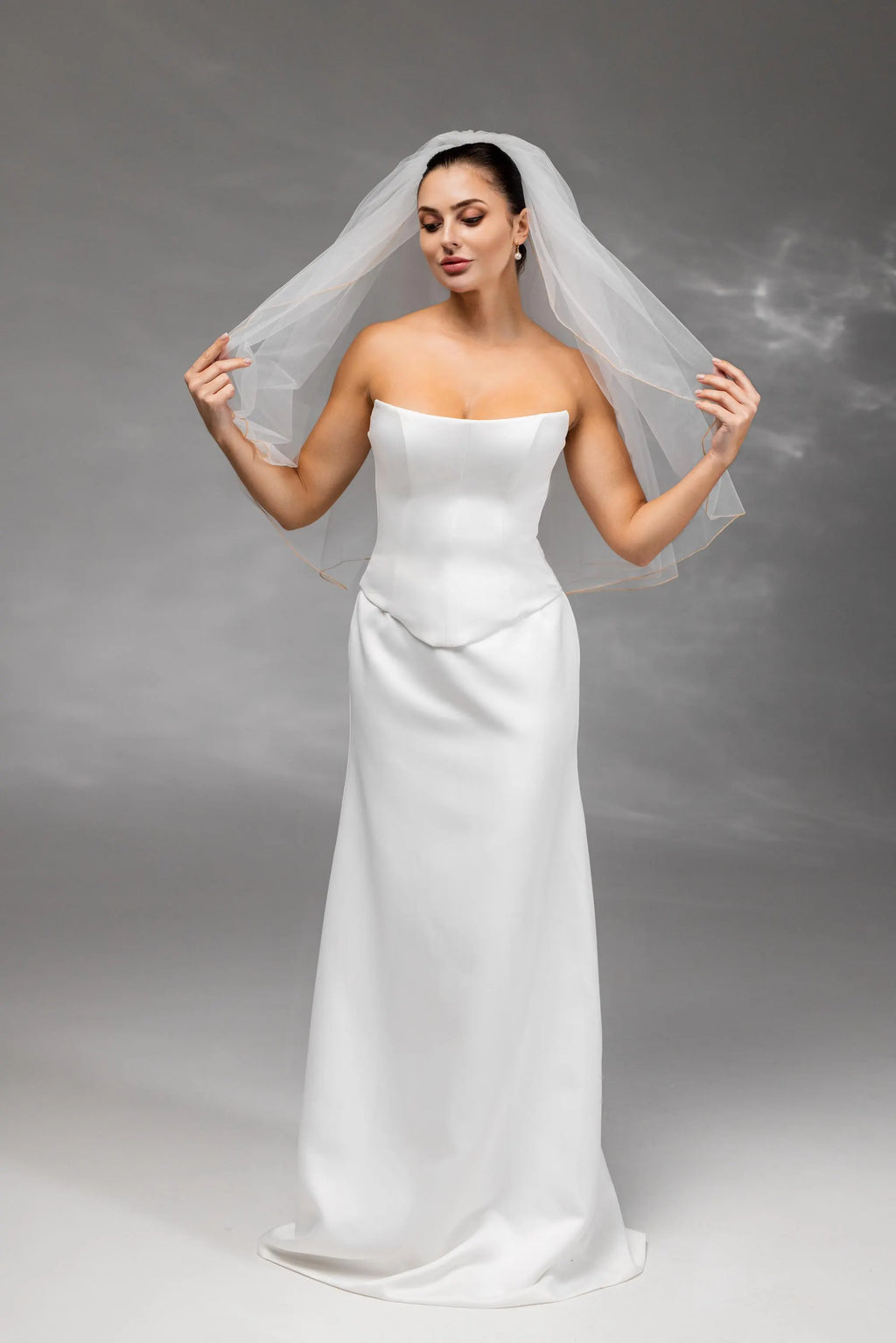 Ivory Waist-Length Bridal Veil with Orange Pencil Edge Trim