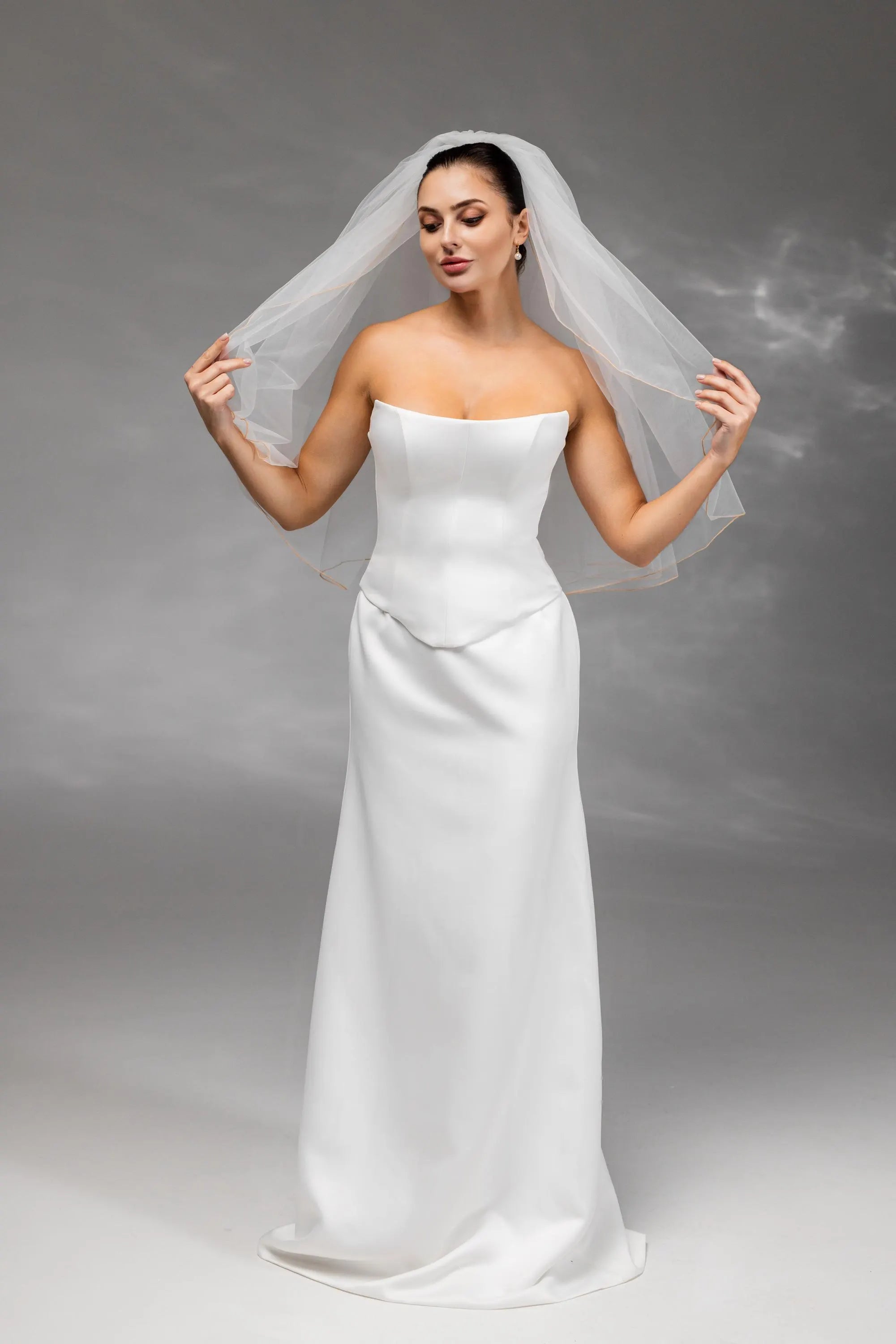 Ivory Waist-Length Bridal Veil with Orange Pencil Edge Trim