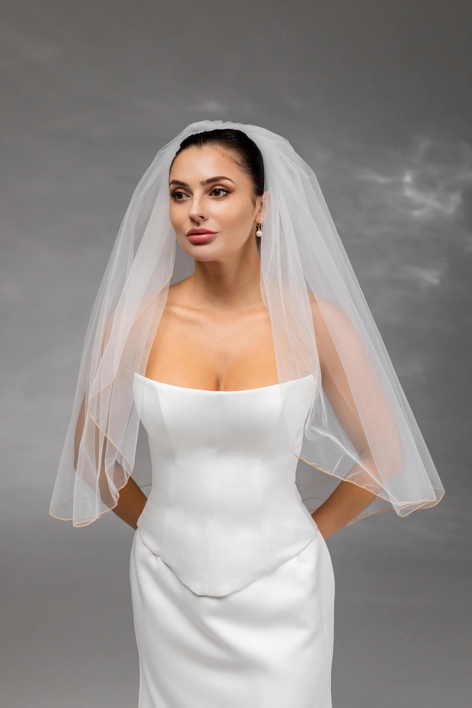 Ivory Waist-Length Bridal Veil with Orange Pencil Edge Trim