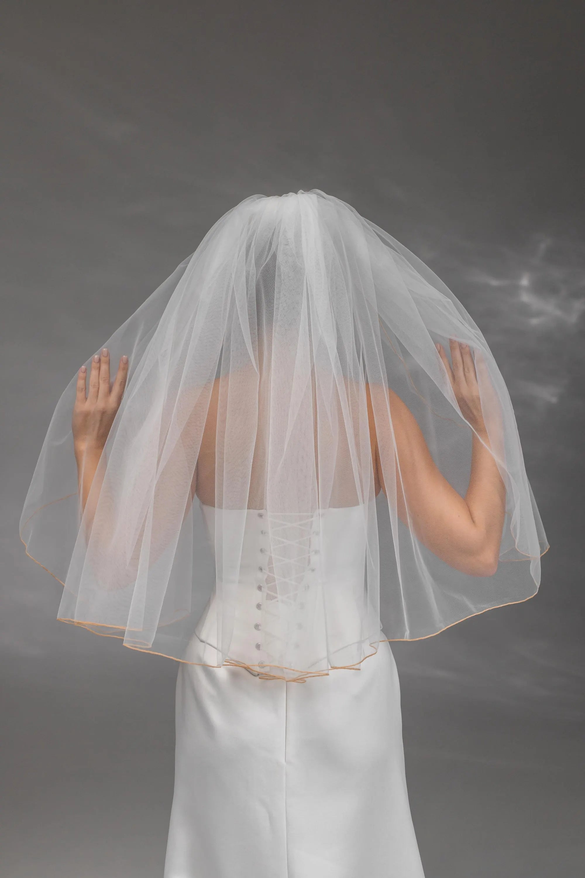 Ivory Waist-Length Bridal Veil with Orange Pencil Edge Trim