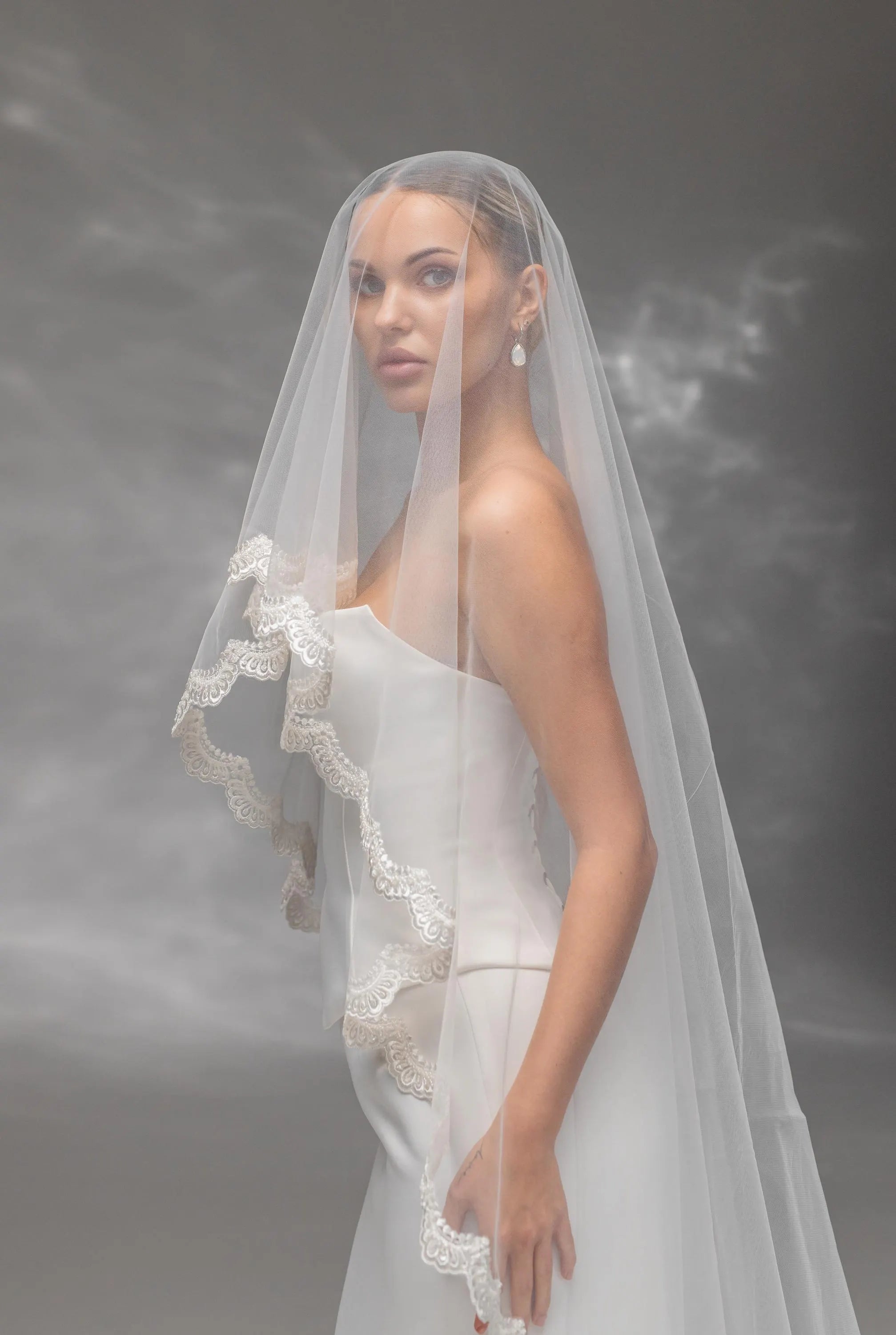 Chapel-Length Bridal Veil with Embroidered Lace