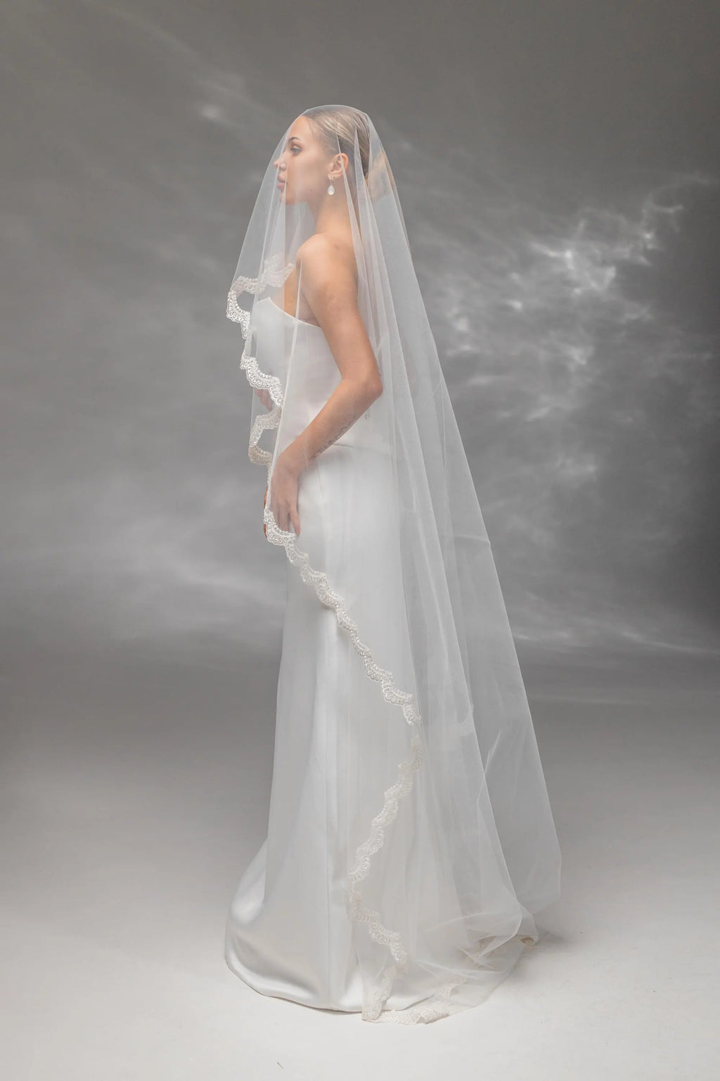 Chapel-Length Bridal Veil with Embroidered Lace