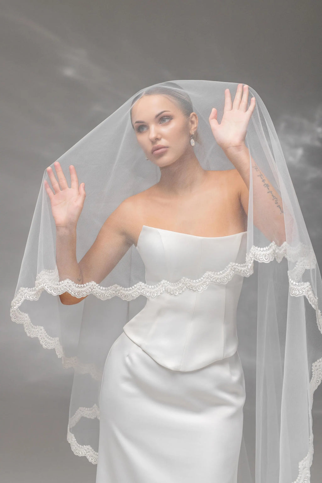 Chapel-Length Bridal Veil with Embroidered Lace