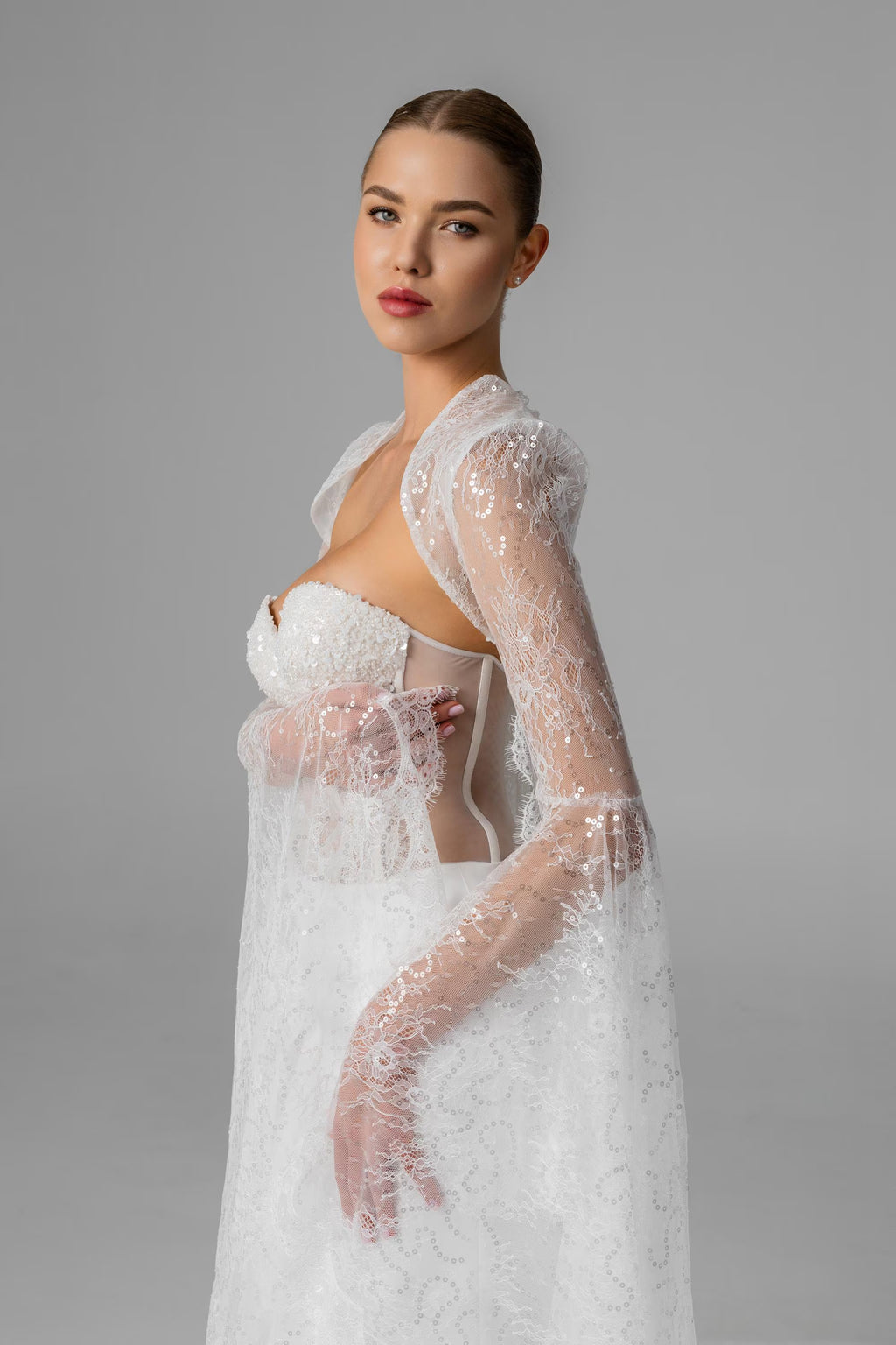 Milky  Chantilly Lace Bridal Cape with Snap Buttons