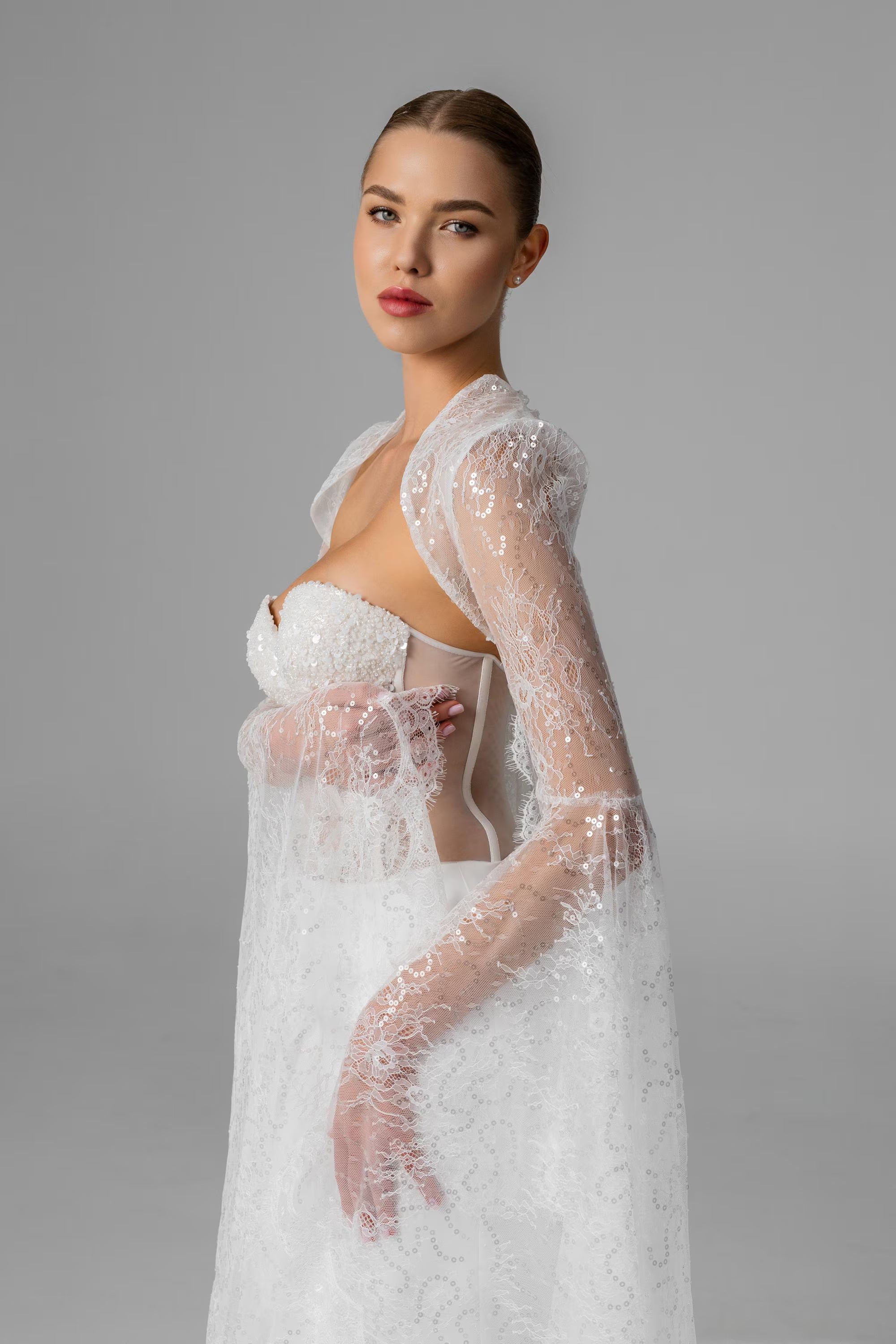 Milky  Chantilly Lace Bridal Cape with Snap Buttons