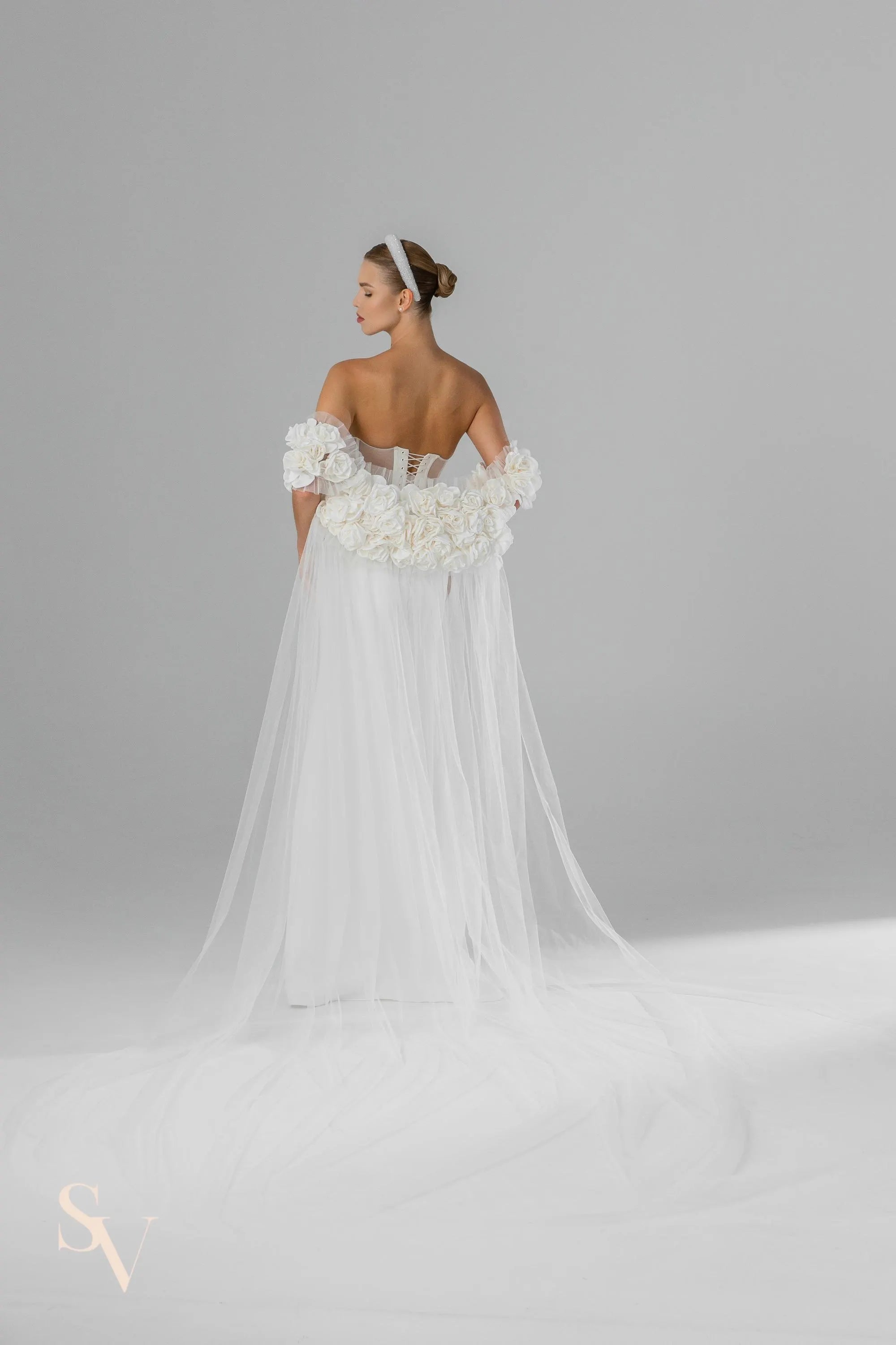 Cathedral Bridal Cape in Italian Tulle with Silk Roses