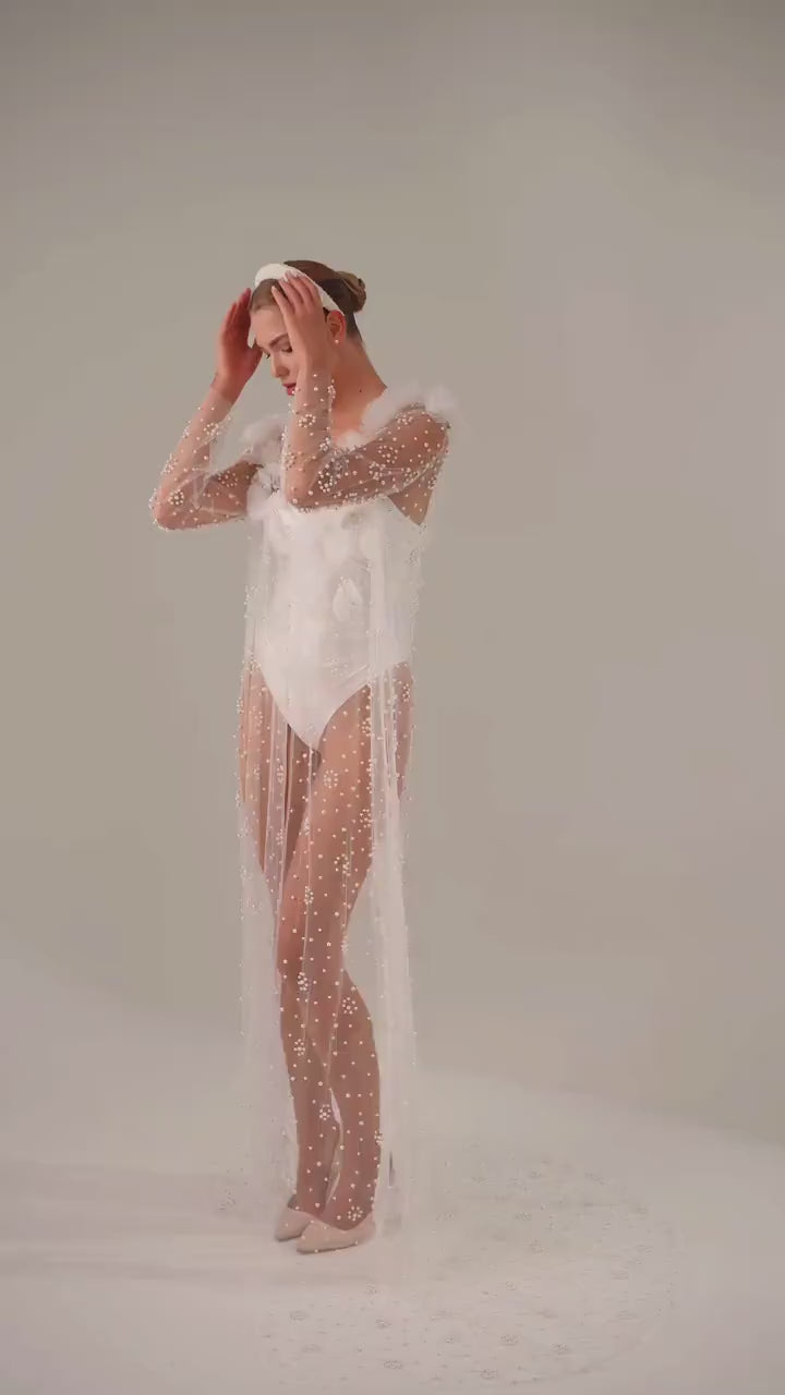 Ivory Chapel-Length Bridal Cape with Flowers and Pearls