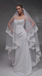 Ivory Floor-Length Two-Tier Bridal Veil with Embroidered Lace