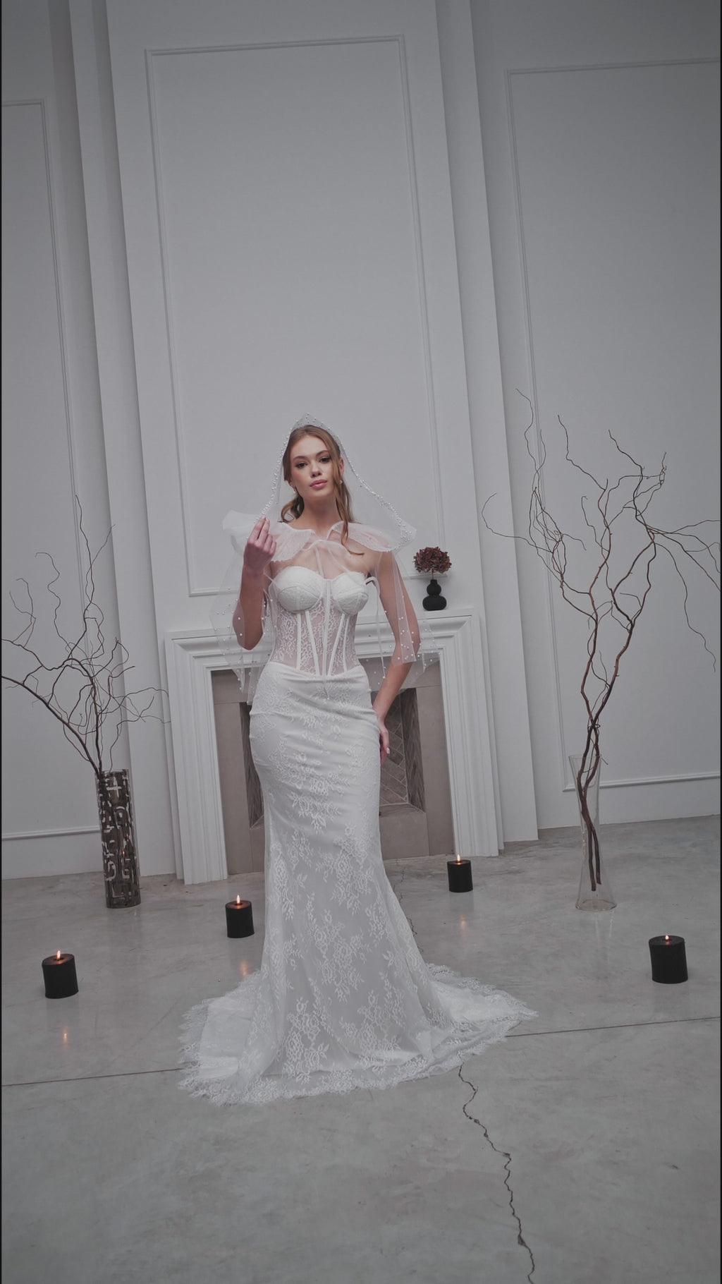 White Bridal Hood with Pearls
