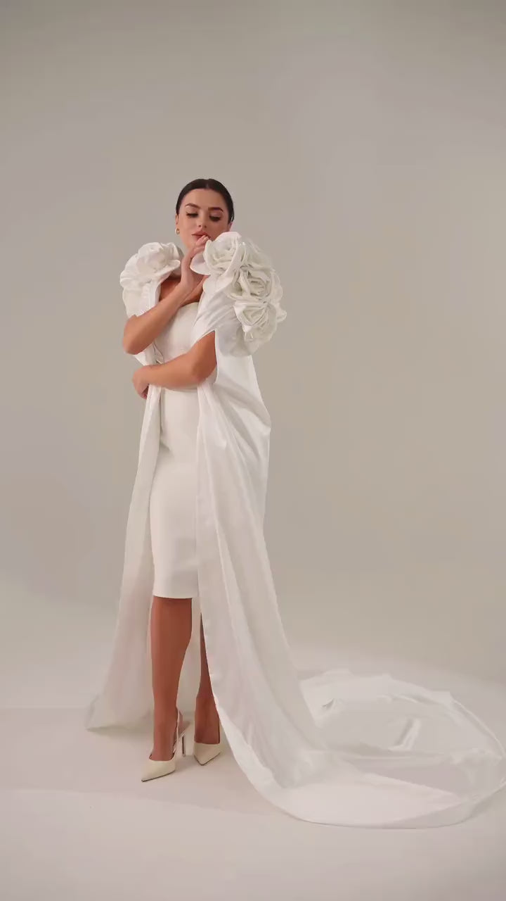 Ivory Chapel-Length Bridal Cape with Statement Flowers