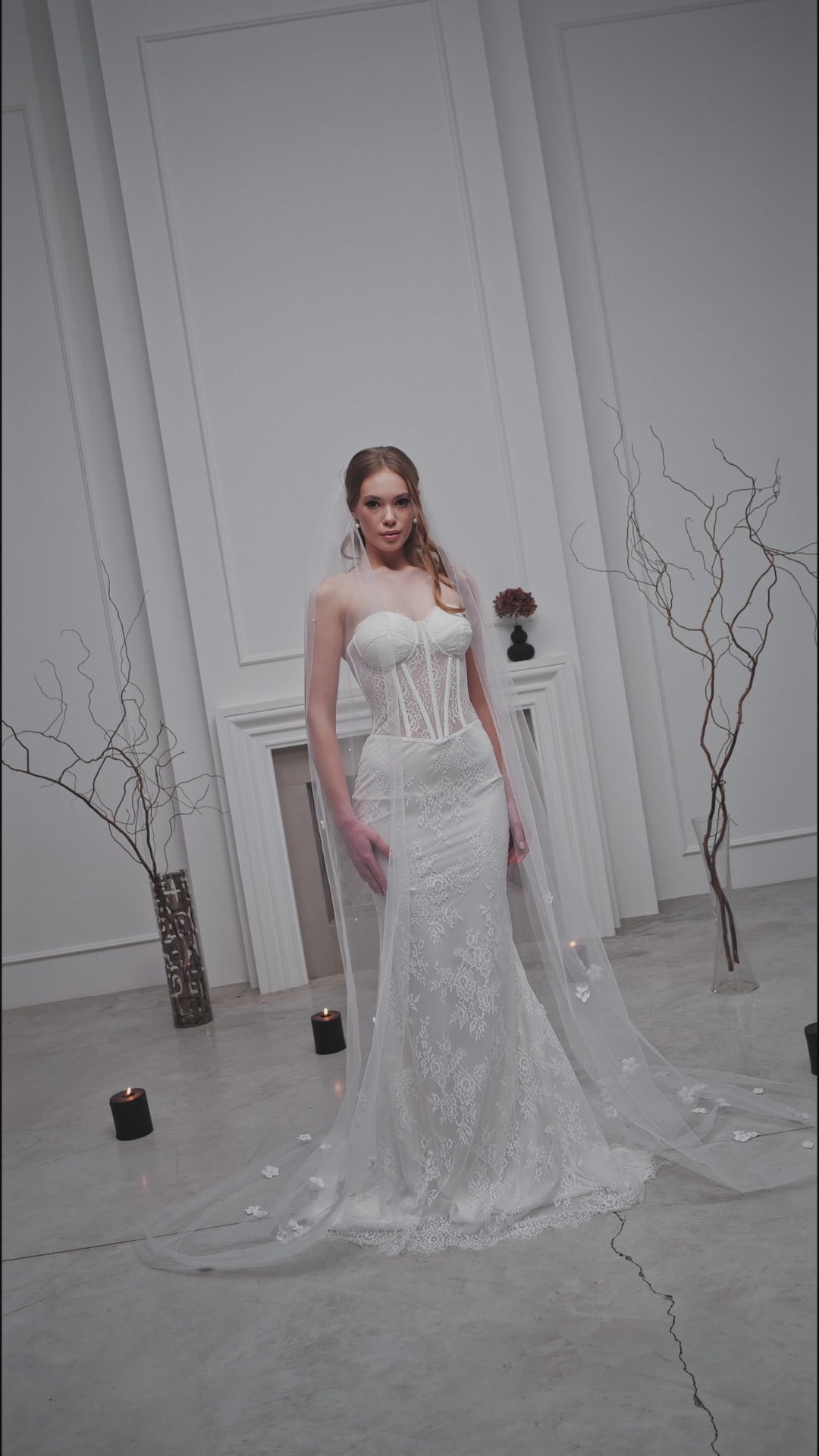 White Bridal Veil with Floral Edge and Pearls