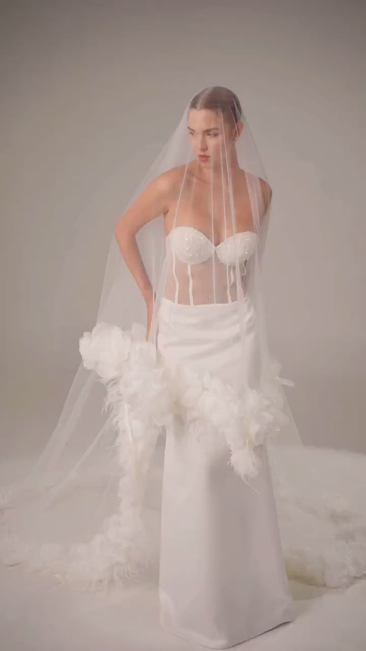 Royal Cathedral Oval Bridal Veil with Peony Flowers and Feathers