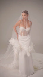 Royal Cathedral Oval Bridal Veil with Peony Flowers and Feathers