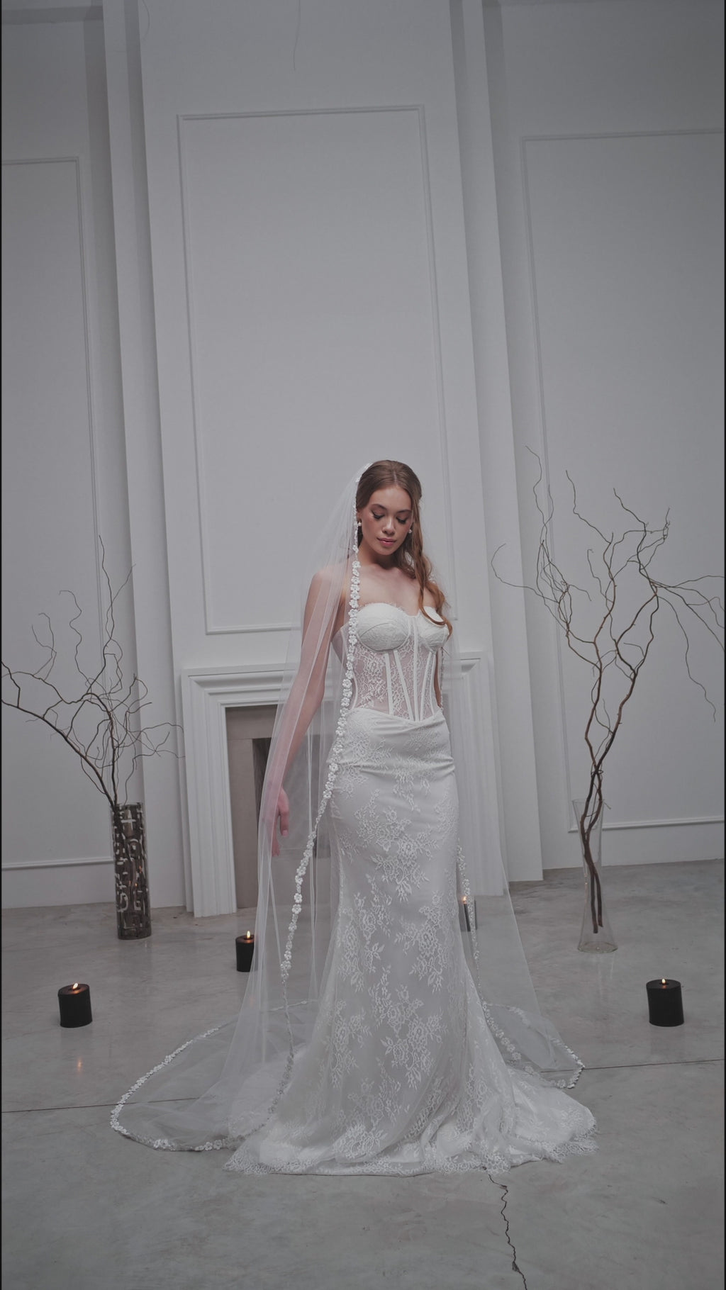 White Chapel-Length Bridal Veil with Flowers and Pearls