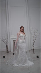 White Chapel-Length Bridal Veil with Flowers and Pearls