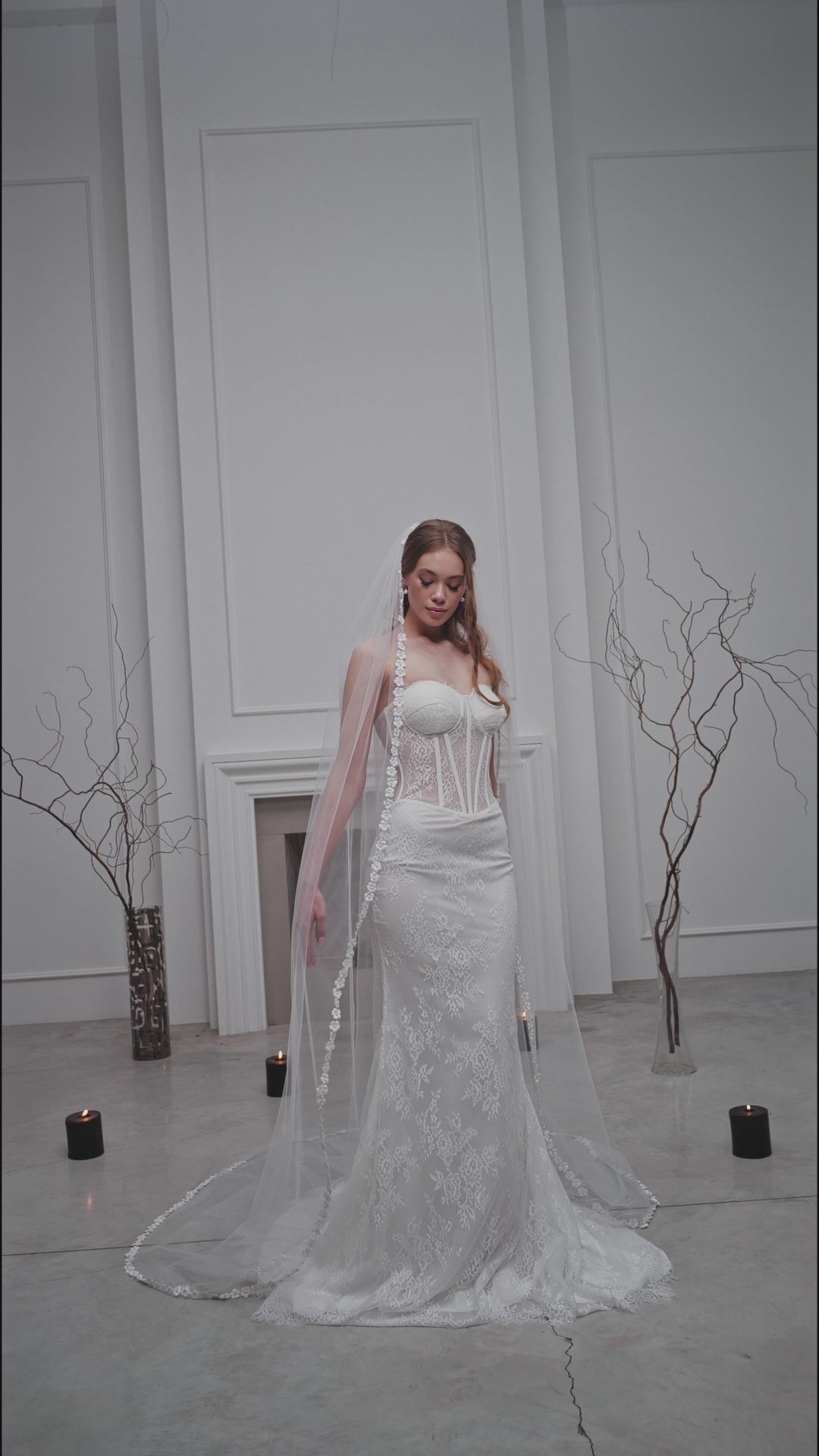 White Chapel-Length Bridal Veil with Flowers and Pearls