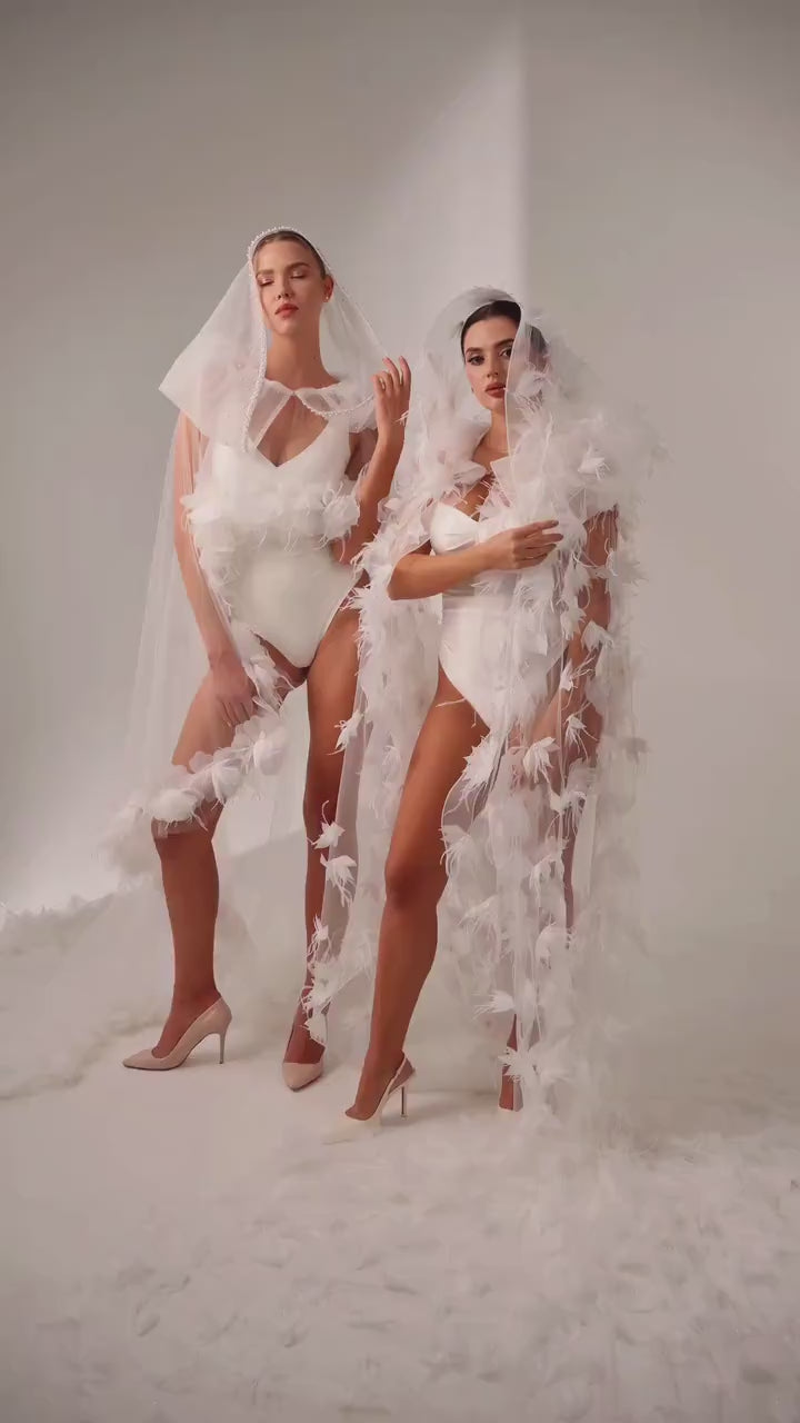 Royal Cathedral Bridal Veil with Ostrich Feathers, 4D Flowers and Crystals