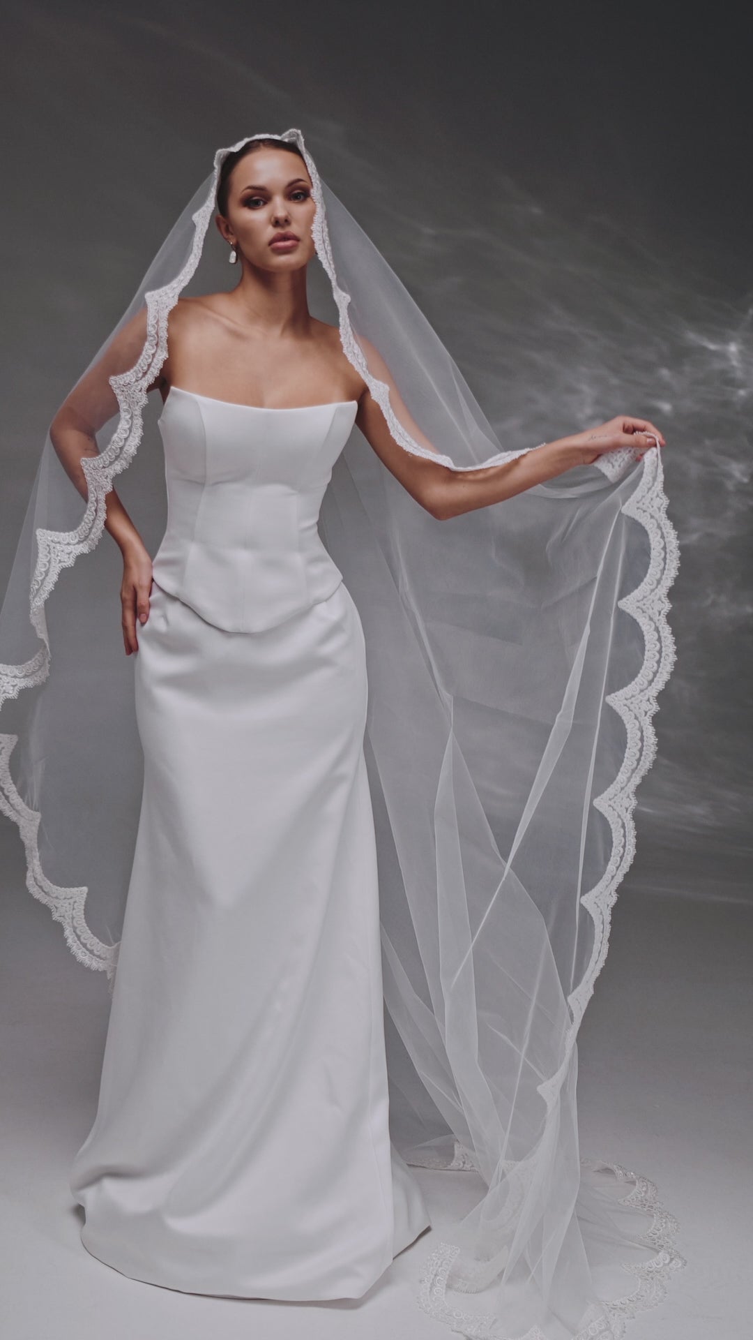 Handmade Bridal Veil with Embroidered Lace in Cream-Ivory