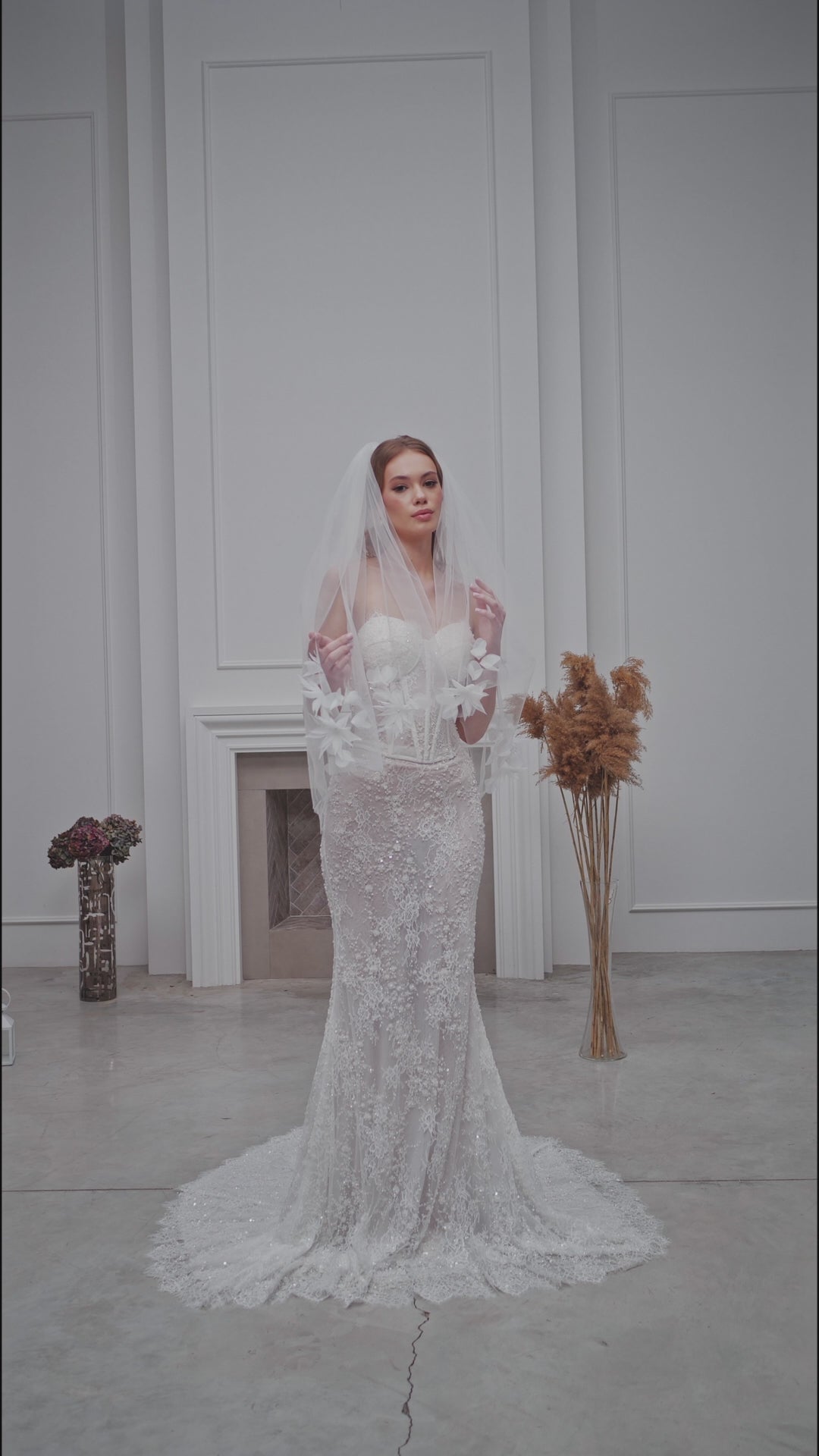 Ivory Fingertip-Length Bridal Veil with Flowers