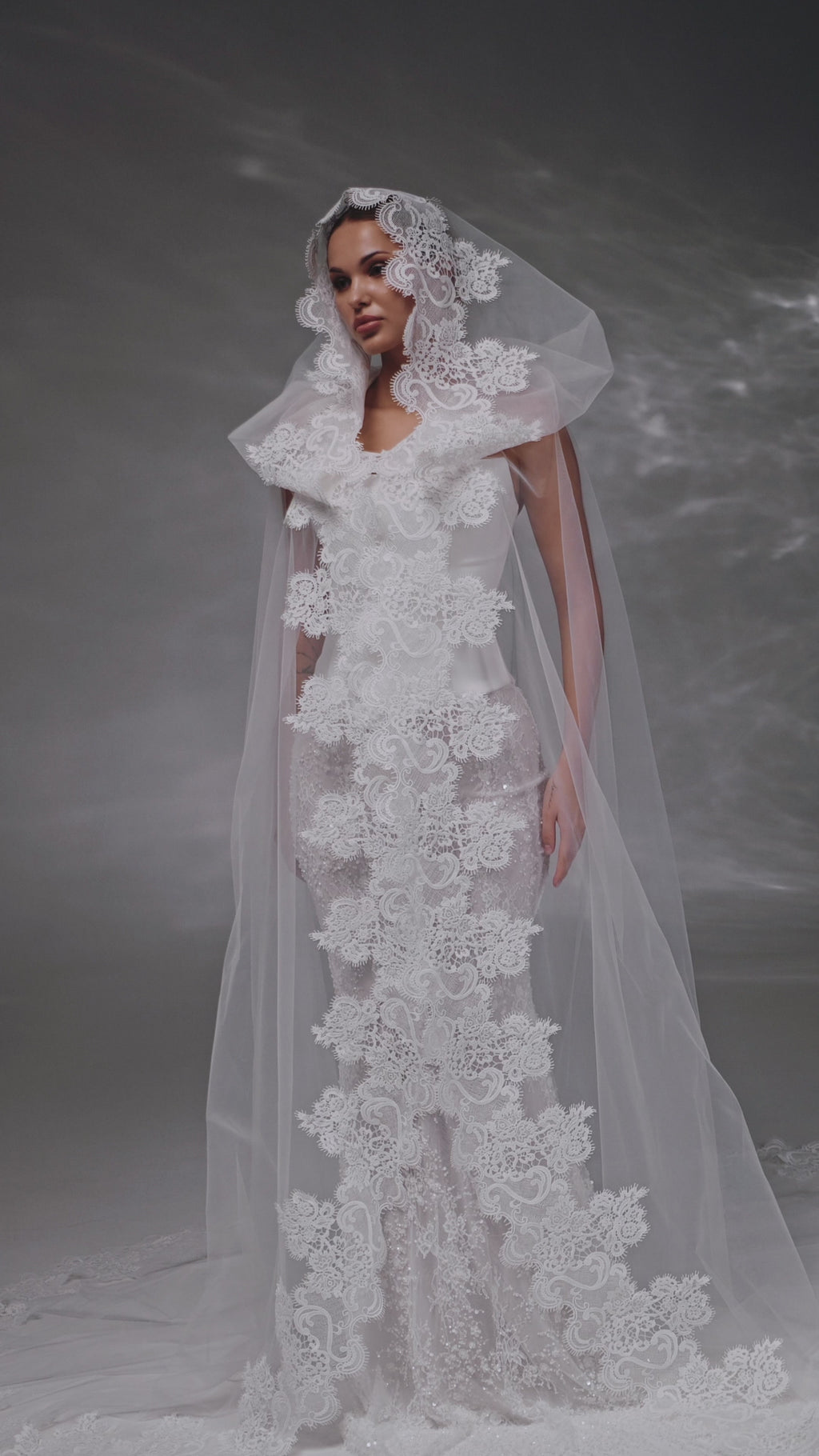 Cathedral-Length Bridal Hood with Macramé Lace