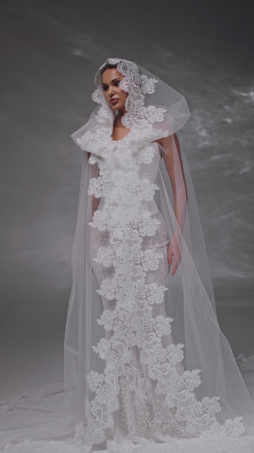 Cathedral-Length Bridal Hood with Macramé Lace