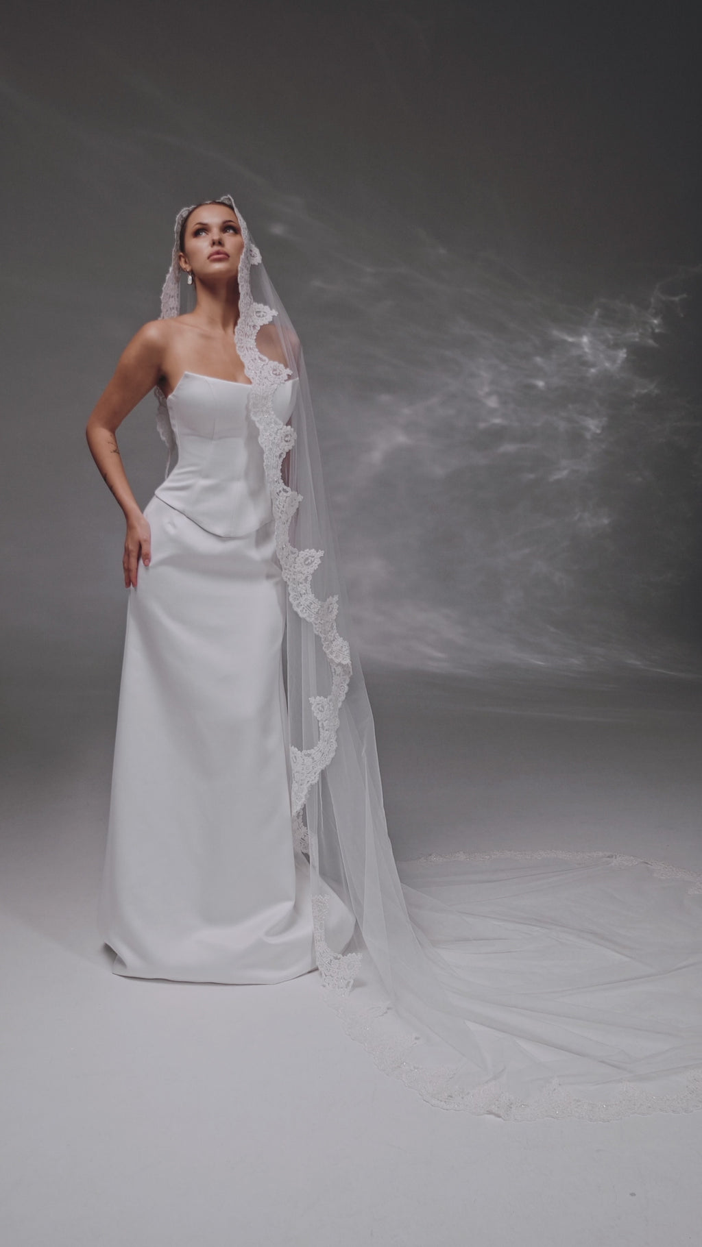 Soft Floor-Length Bridal Veil with Embroidered Lace