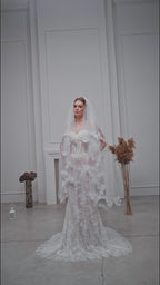 Ivory Waltz-Length Bridal Veil with Delicate Floral Details