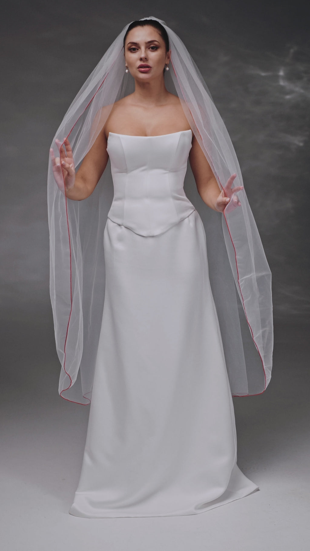 Ivory Waltz-Length Bridal Veil with Red Pencil Edge Trim