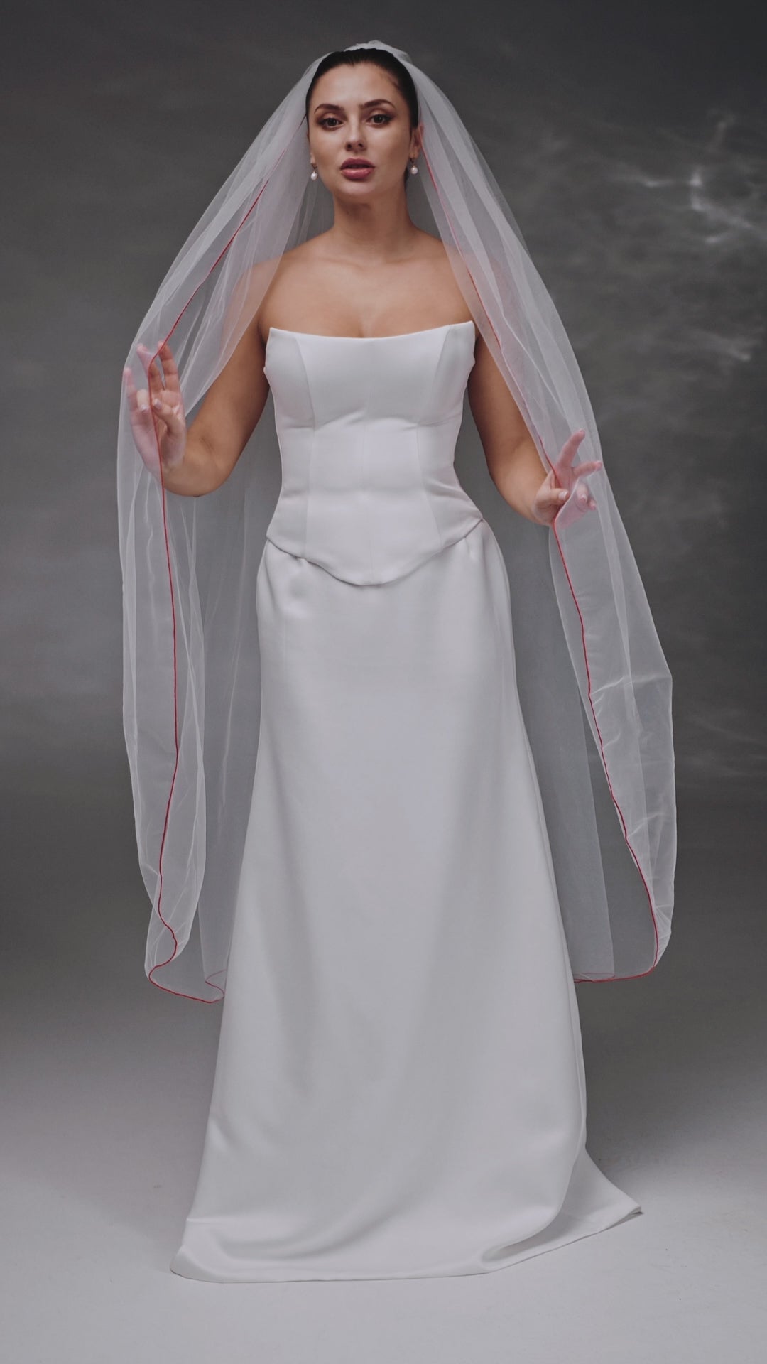 Ivory Waltz-Length Bridal Veil with Red Pencil Edge Trim