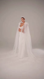 Ivory Floor-Length Bridal Cape with Floral Appliqués, Pearls and Feathers