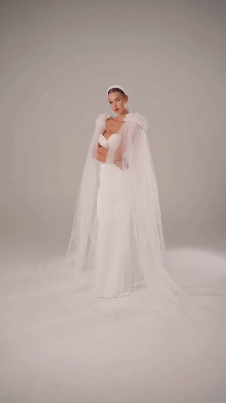 Ivory Floor-Length Bridal Cape with Floral Appliqués, Pearls and Feathers