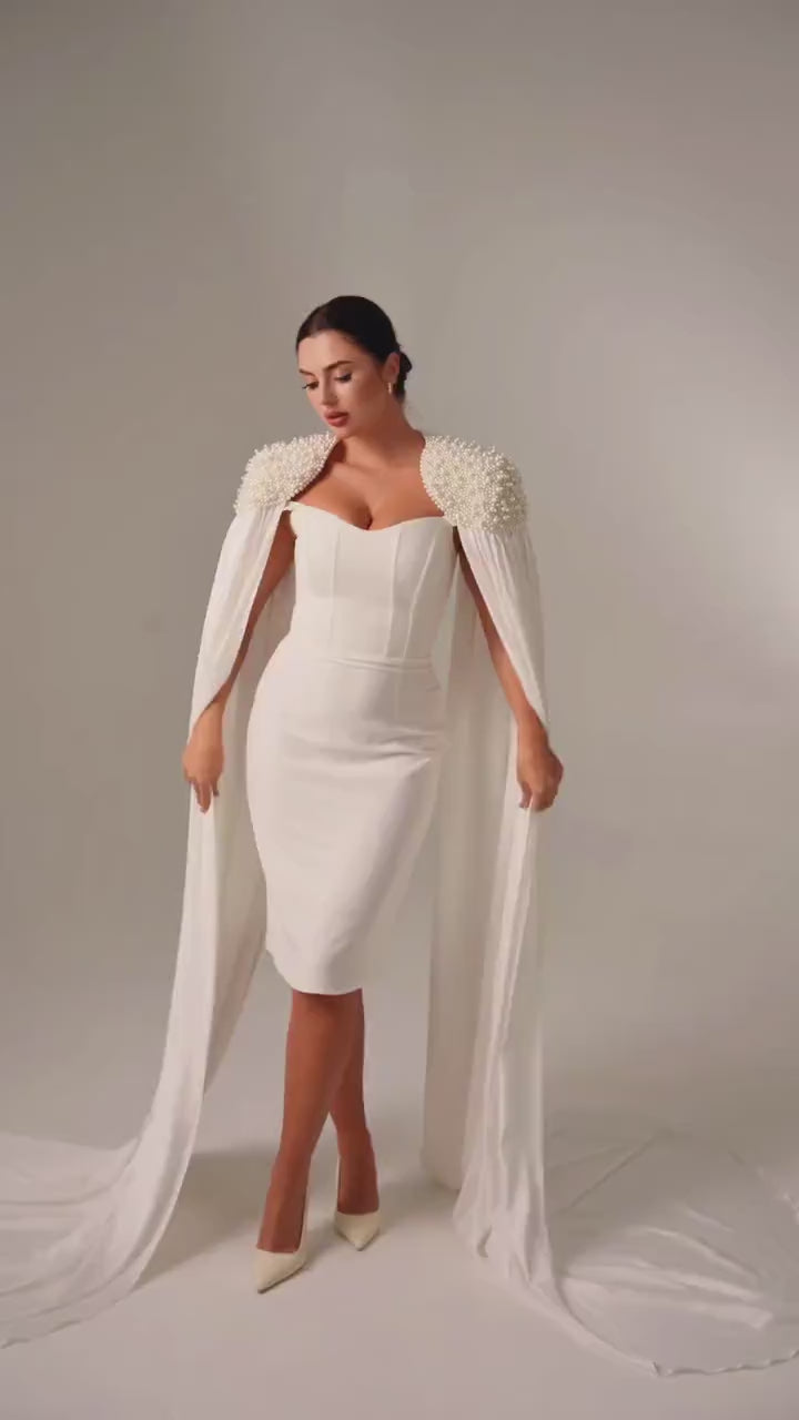 Ivory Floor-Length Bridal Cape with Pearls and Crystals