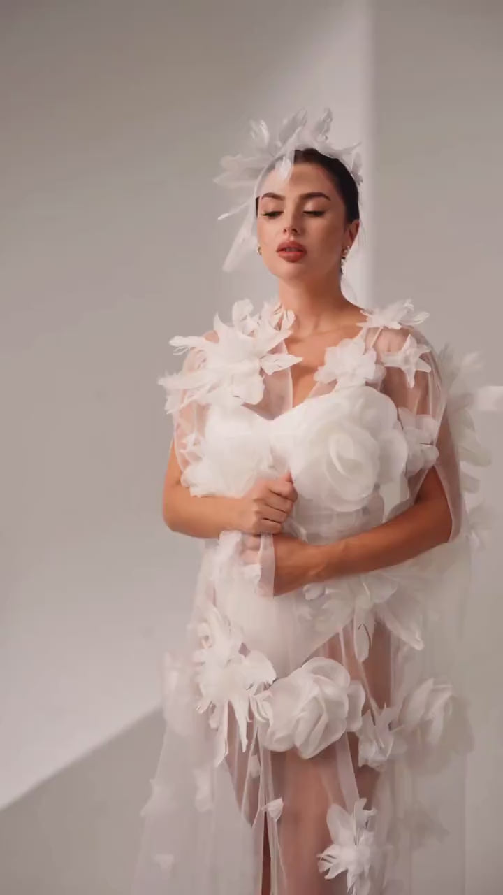 Ivory Chapel-Length Bridal Cape with Floral Details