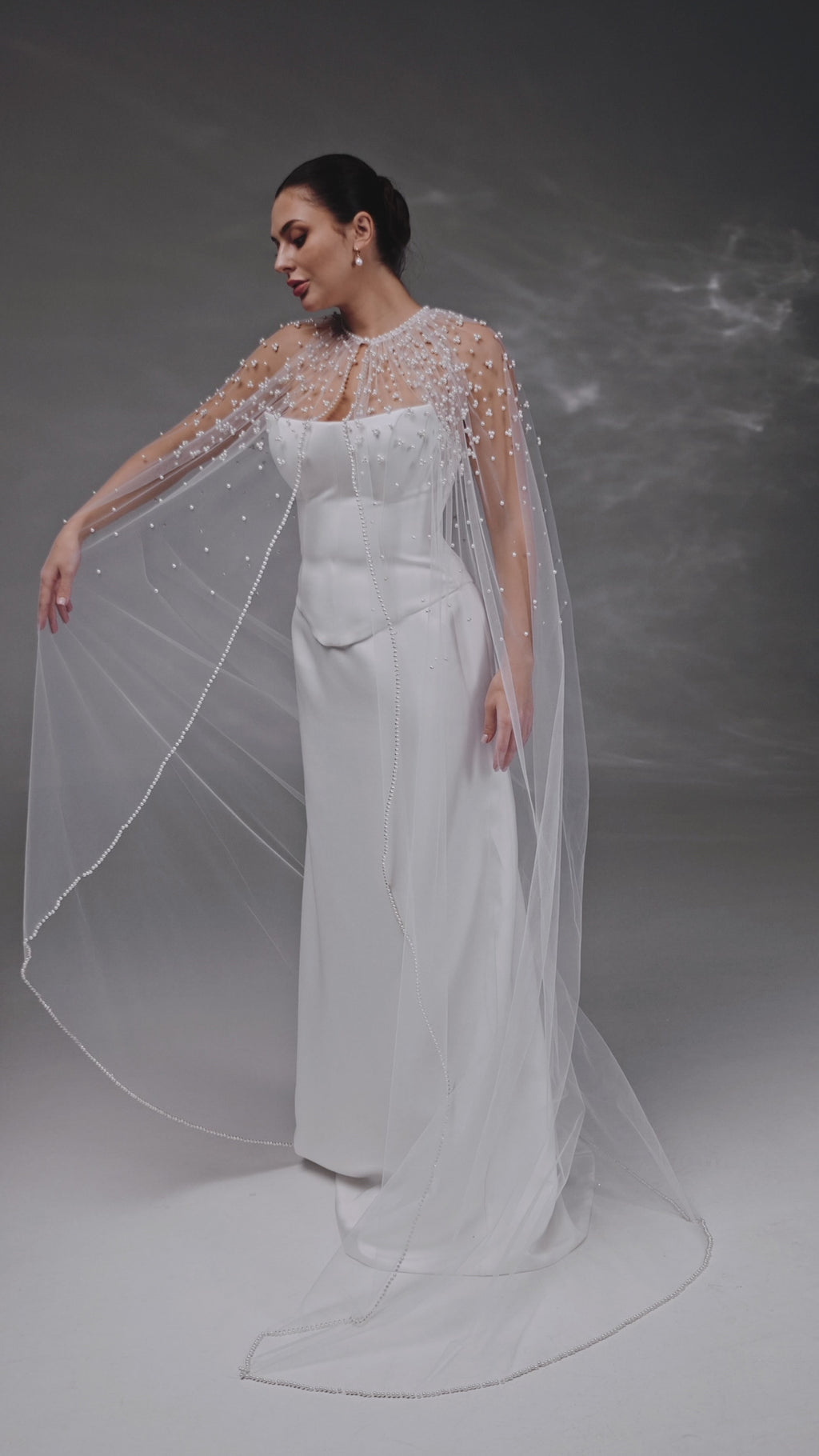 Ivory Floor-Length Bridal Cape with Pearls