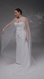 Ivory Floor-Length Bridal Cape with Pearls